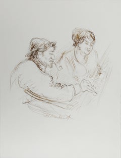 Artiste avec pipe et modèle, encre moderne sur papier d'Ira Moskowitz