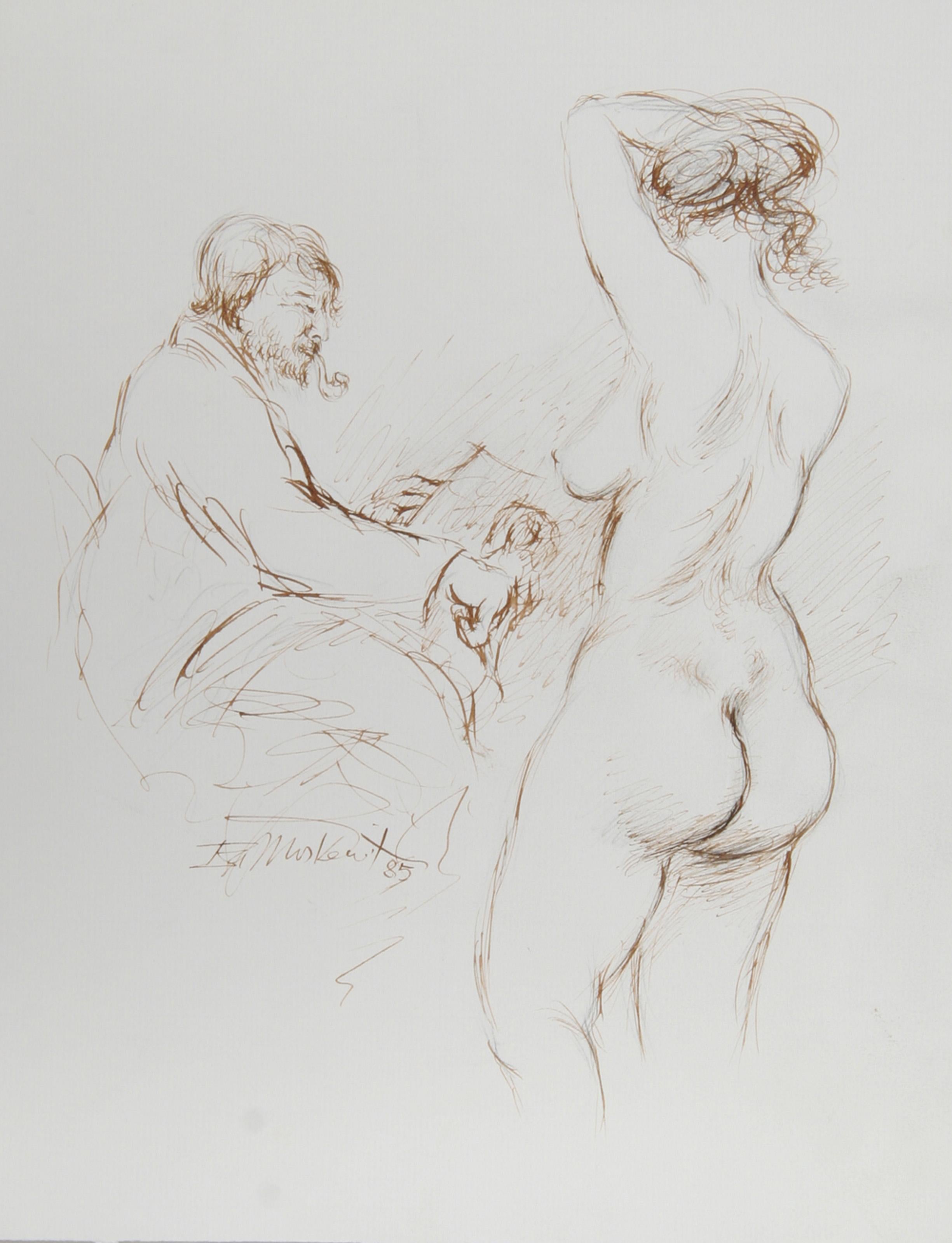  Ira Moskowitz, Polish/American (1912 - 2001) -  Artist and Nude Model - IV, Year: 1985, Medium: Ink on Paper, signed, Size: 13 in. x 10 in. (33.02 cm x 25.4 cm), Description: Ira Moskowitz's softly rendered drawing of a nude female model posing for