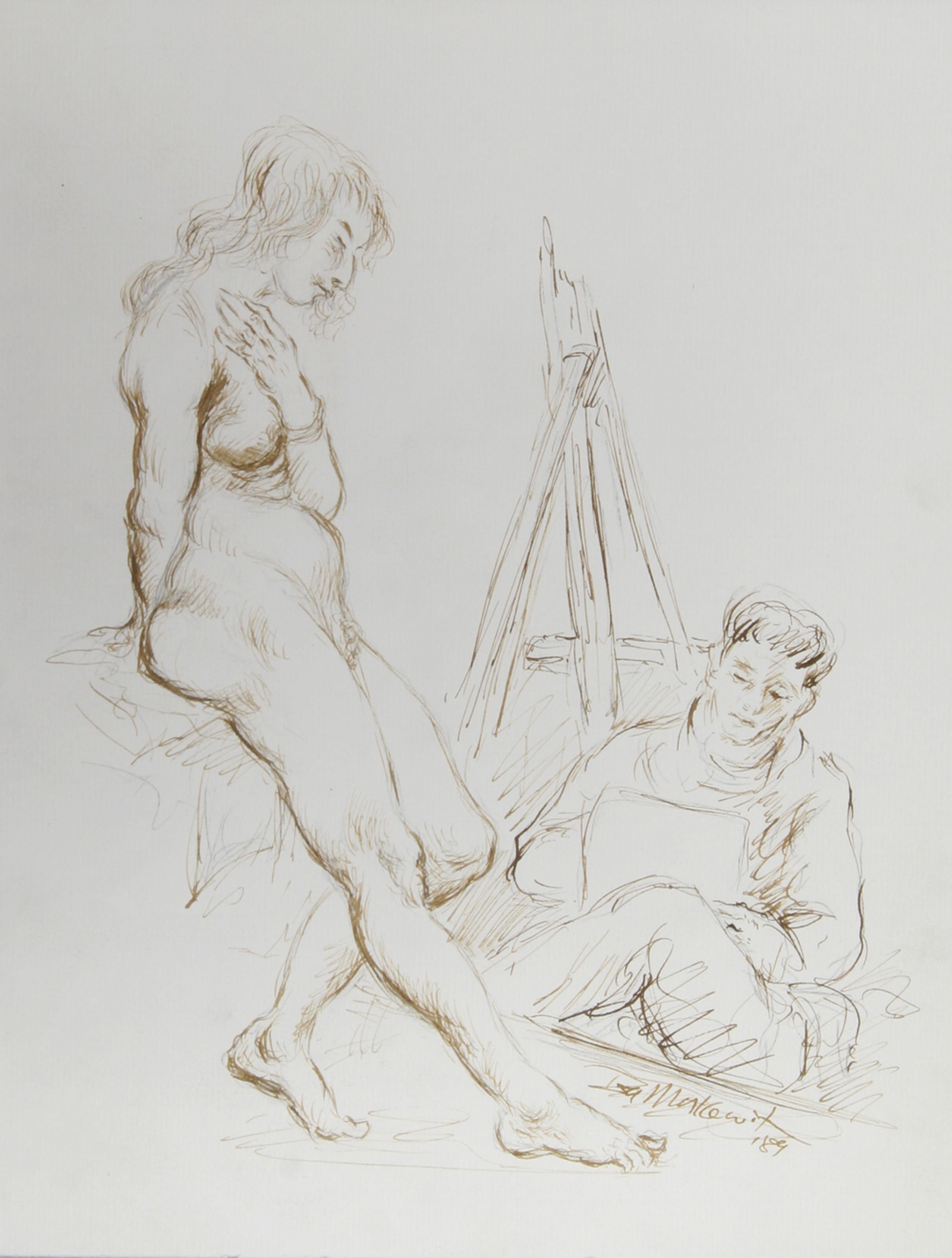 Artiste et nu - III, encre moderne sur papier d'Ira Moskowitz