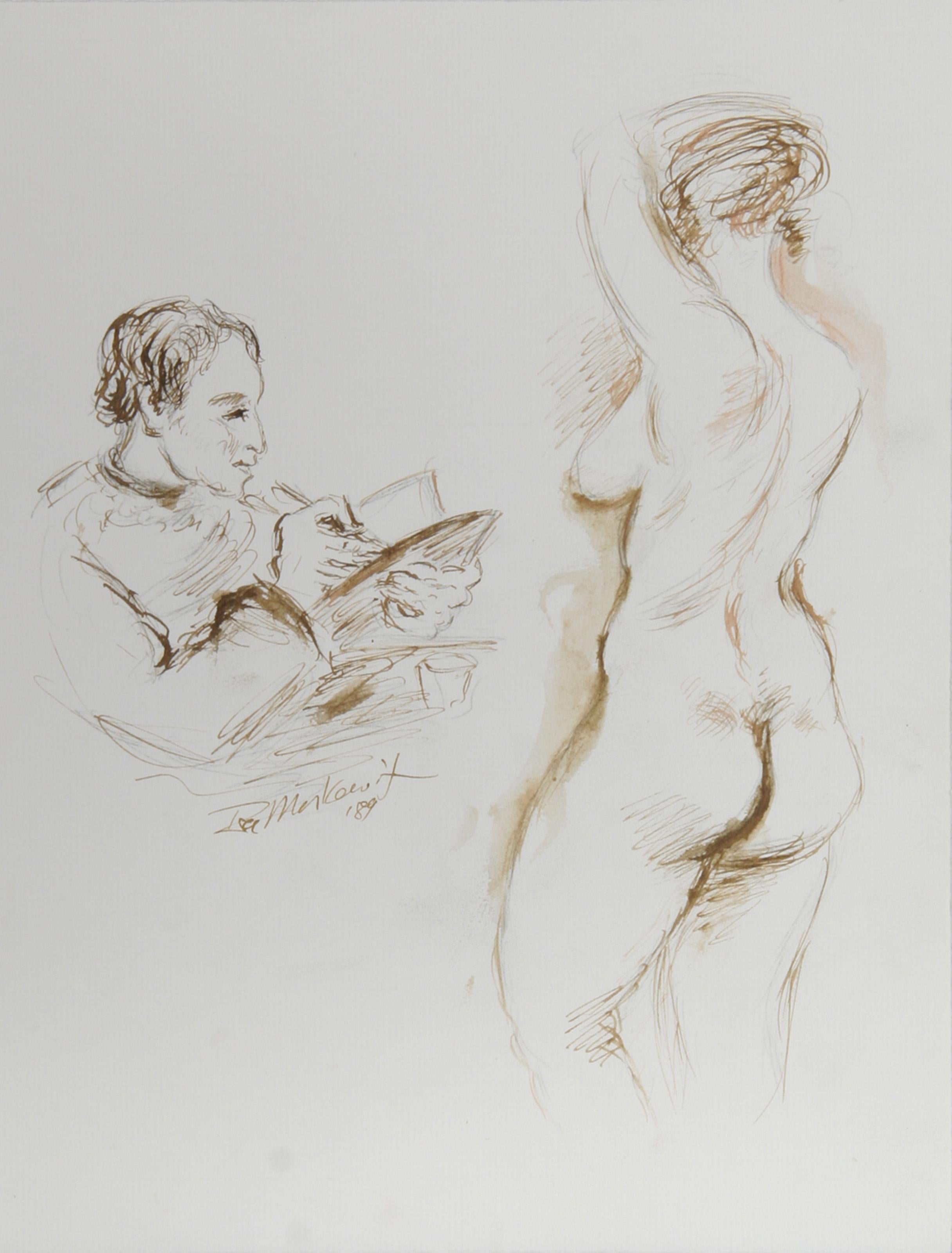 Ira Moskowitz, Polish/American (1912 - 2001) -  Artist and Nude Model - VI, Year: 1989, Medium: Ink on Paper, signed, Size: 13 in. x 10 in. (33.02 cm x 25.4 cm), Description: Ira Moskowitz's softly rendered drawing of a nude female model posing for