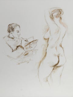 Artista e modella nuda - VI, Inchiostro moderno su carta di Ira Moskowitz