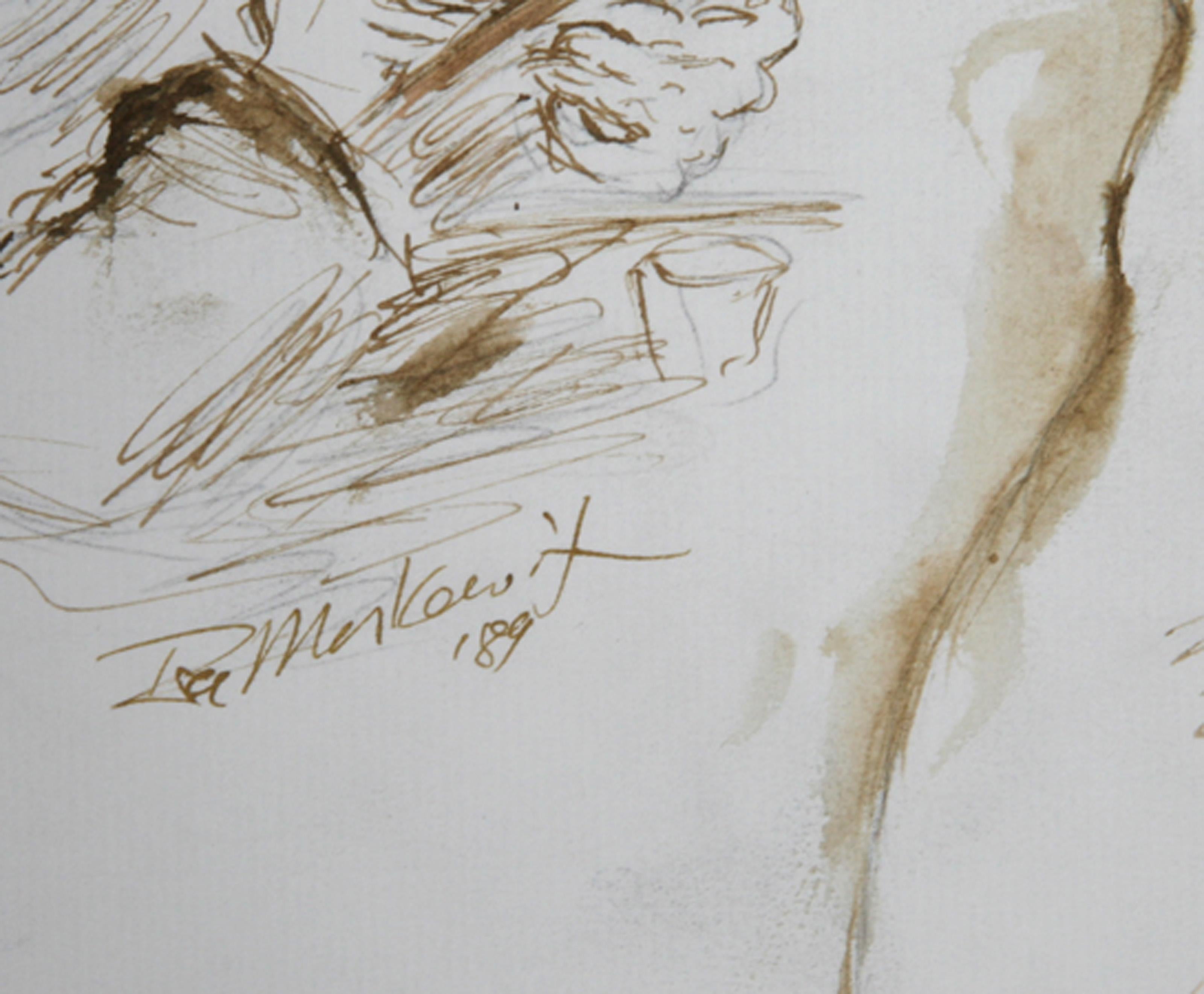 Artist and Nude Model - VI, Modern Ink on Paper by Ira Moskowitz For Sale 1