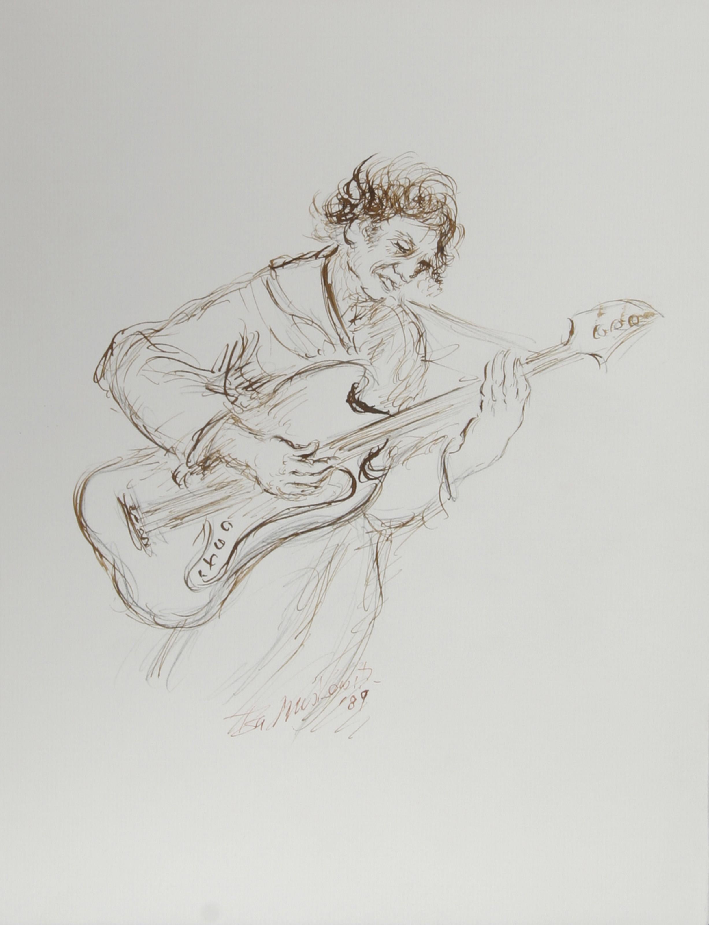  Ira Moskowitz, Polish/American (1912 - 2001) -  Electric Guitarist - I, Year: 1989, Medium: Ink on Paper, signed, Size: 13 in. x 10 in. (33.02 cm x 25.4 cm), Description: This electric guitarist rendered by Ira Moskowitz reflects the artist's