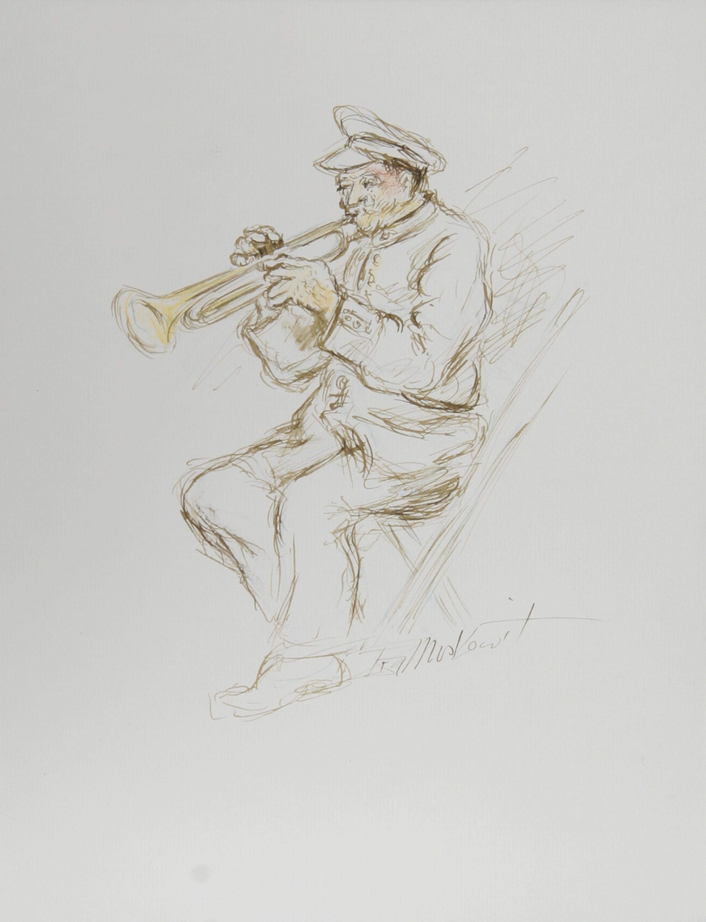  Ira Moskowitz, polaco/americano (1912 - 2001) -  Trompetista - I, Año: hacia 1989, Medio: Tinta y Pastel sobre Papel, firmado, Tamaño: 33,02 cm x 25,4 cm, Descripción: El retrato de Ira Moskowitz de un trompetista está lleno de encanto y
