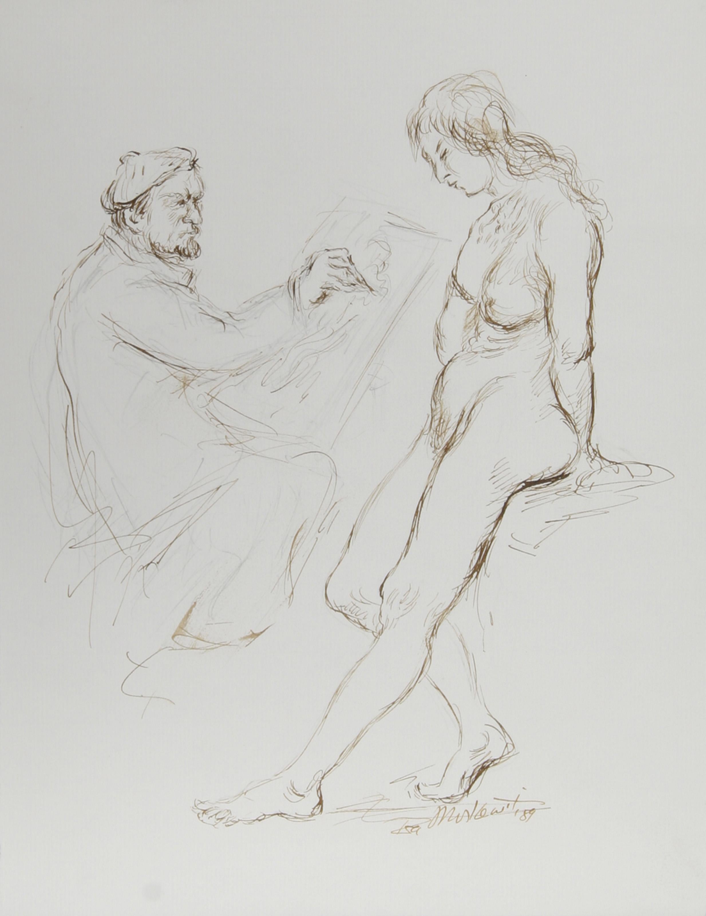  Ira Moskowitz, polacco/americano (1912-2001) -  Artista e modella nuda - V, Anno: 1989, Medium: Inchiostro su carta, firmato, Dimensioni: 13 in. x 10 in. (33.02 cm x 25.4 cm), Descrizione: La mano leggera e l'occhio attento di Ira Moskowitz gli