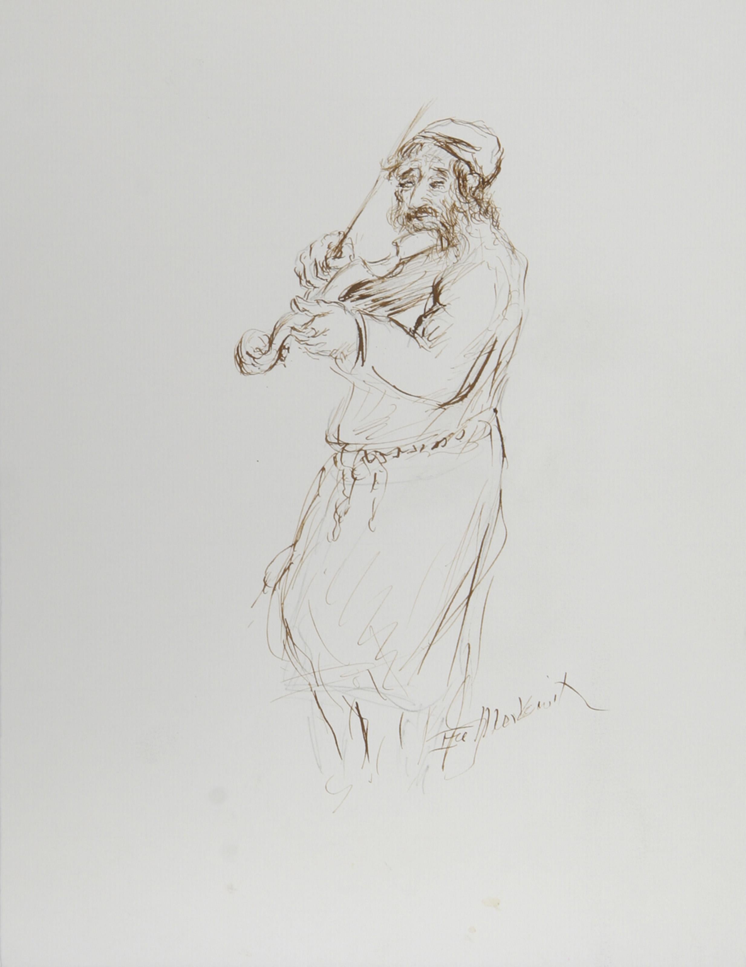  Ira Moskowitz, Polish/American (1912 - 2001) -  Fiddler - II, Year: circa 1989, Medium: Ink on Paper, signed, Size: 13 in. x 10 in. (33.02 cm x 25.4 cm), Description: Looking off to the side, the fiddler in this drawing by Ira Moskowtiz plays his