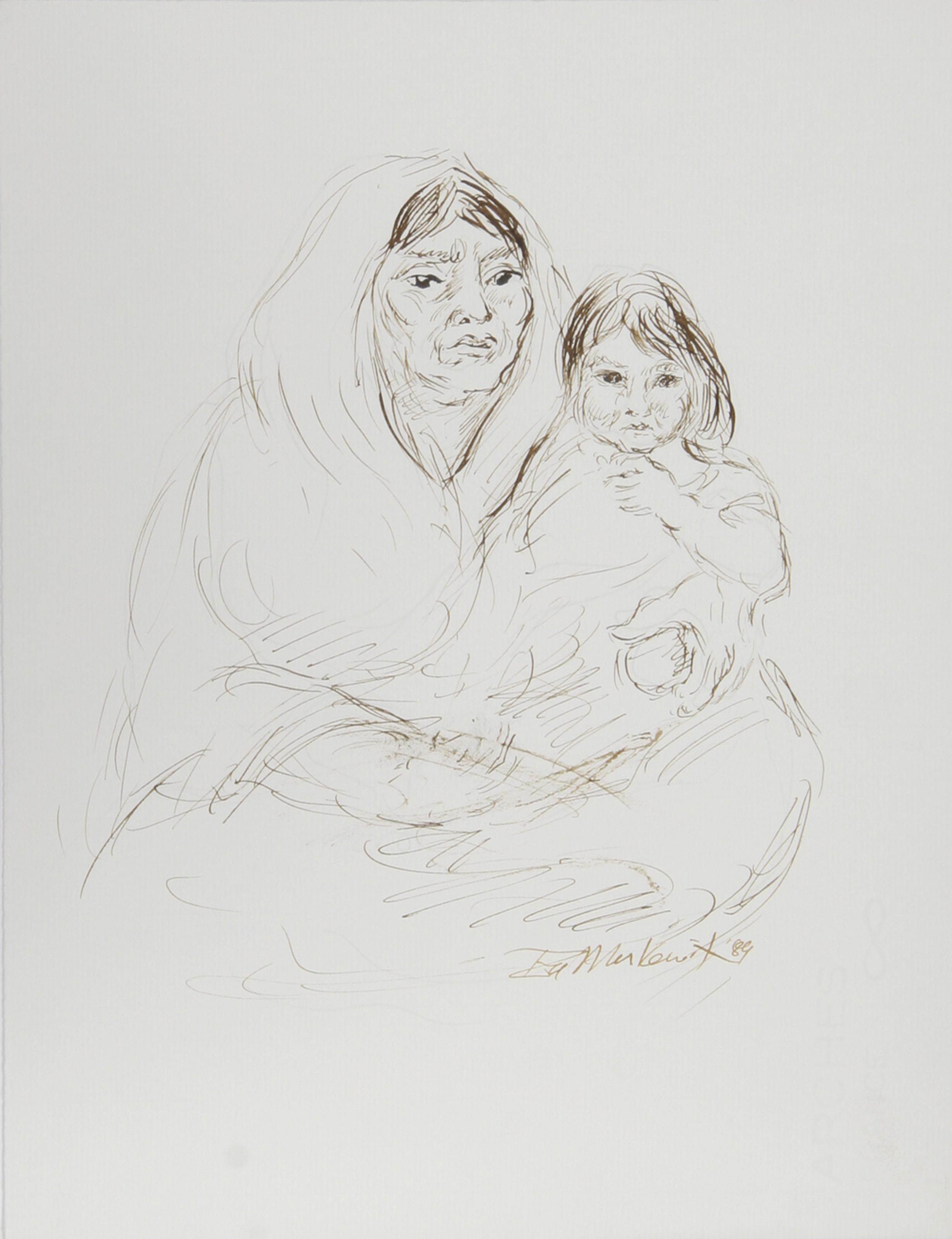  Ira Moskowitz, polnisch/amerikanisch (1912 - 2001) -  Mutter und Kind - III, Jahr: 1989, Medium: Tinte auf Papier, signiert, Größe: 33,02 cm x 25,4 cm (13 in. x 10 in.), Beschreibung: Die Mutter auf dieser Zeichnung von Ira Moskowitz hält ihr Kind