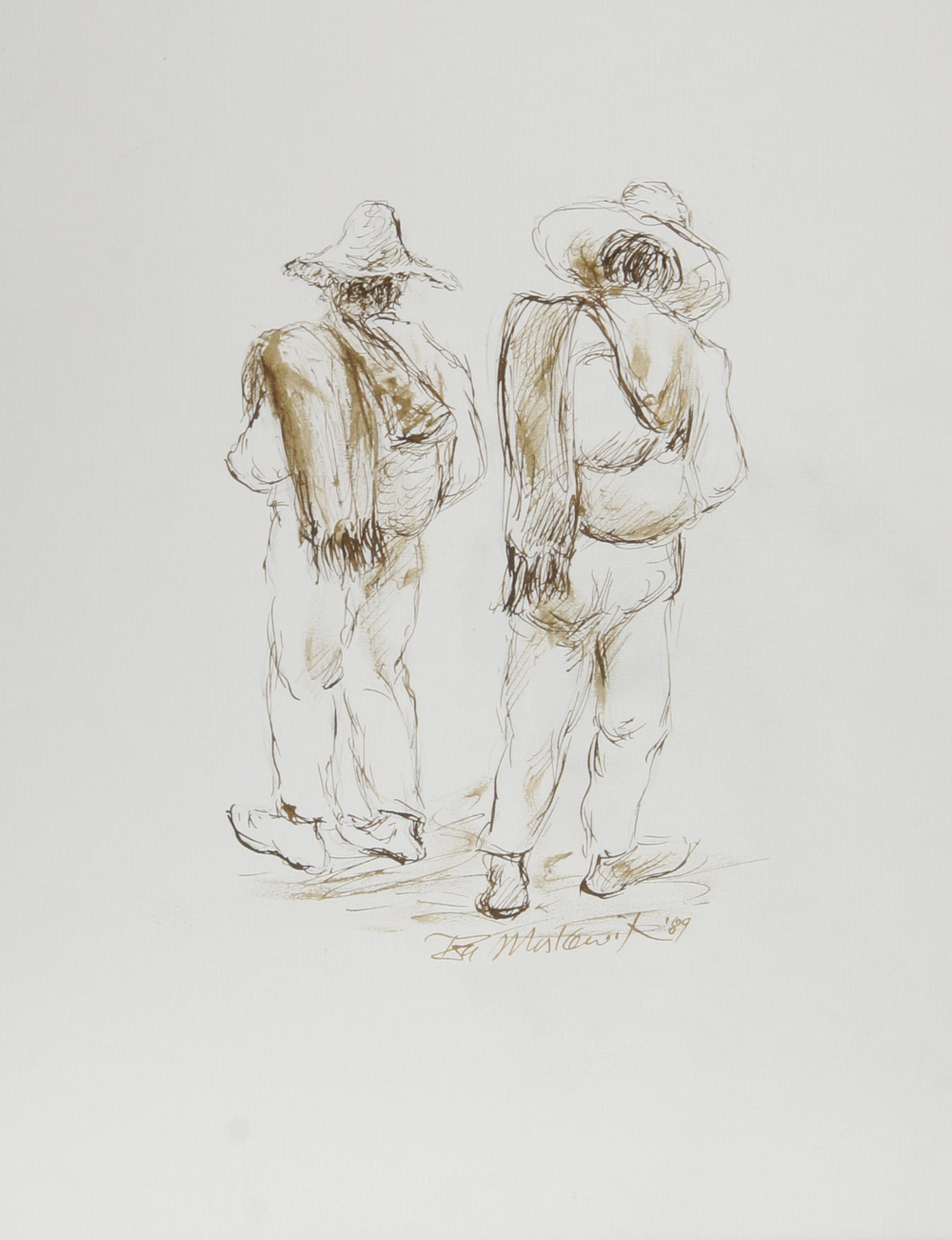 Two Men in Sombreros - I, Ink on Paper by Ira Moskowitz