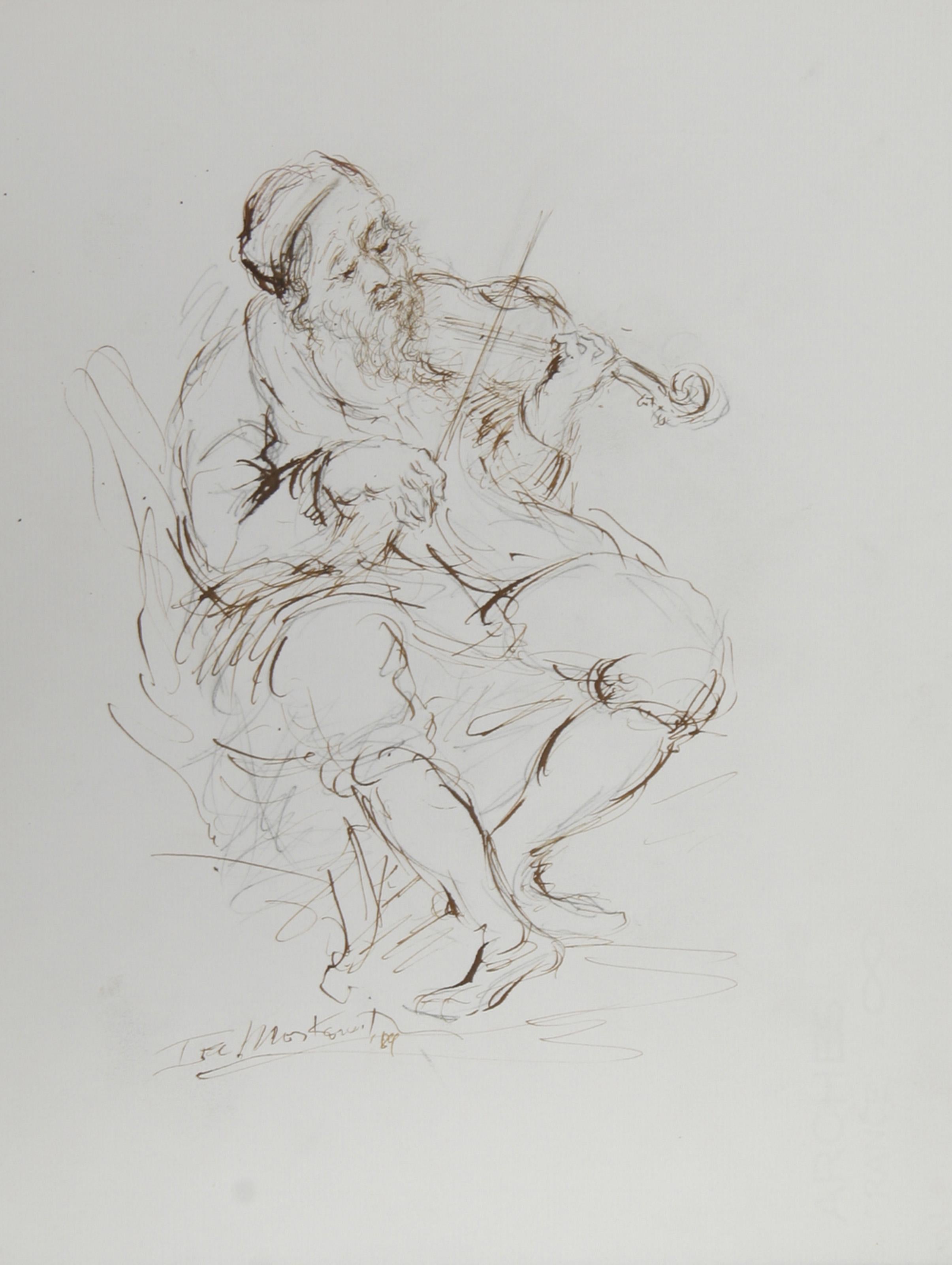 Ira Moskowitz, Polish/American (1912 - 2001) -  Fiddler - III, Year: 1989, Medium: Ink on Paper, signed, Size: 13 in. x 10 in. (33.02 cm x 25.4 cm), Description: Sitting down in an armchair, the old gentleman plays his fiddle with focus and skill in