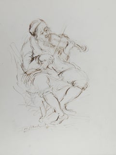 Encre sur papier Folk Art Fiddler - III d'Ira Moskowitz