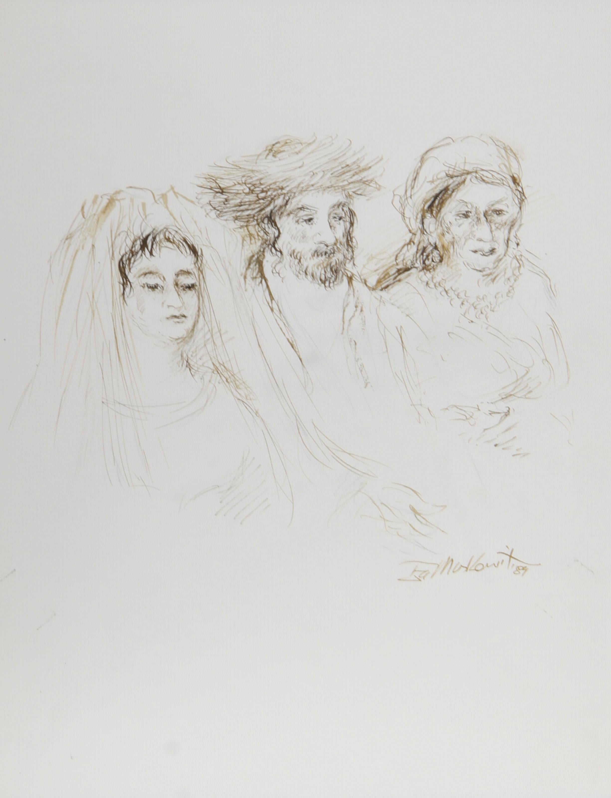 Ira Moskowitz, Polish/American (1912 - 2001) -  Wedding - I, Year: 1989, Medium: Ink on Paper, signed, Size: 13 in. x 10 in. (33.02 cm x 25.4 cm), Description: Rendered with soft lines by artist Ira Moskowitz, this drawing of a Jewish wedding
