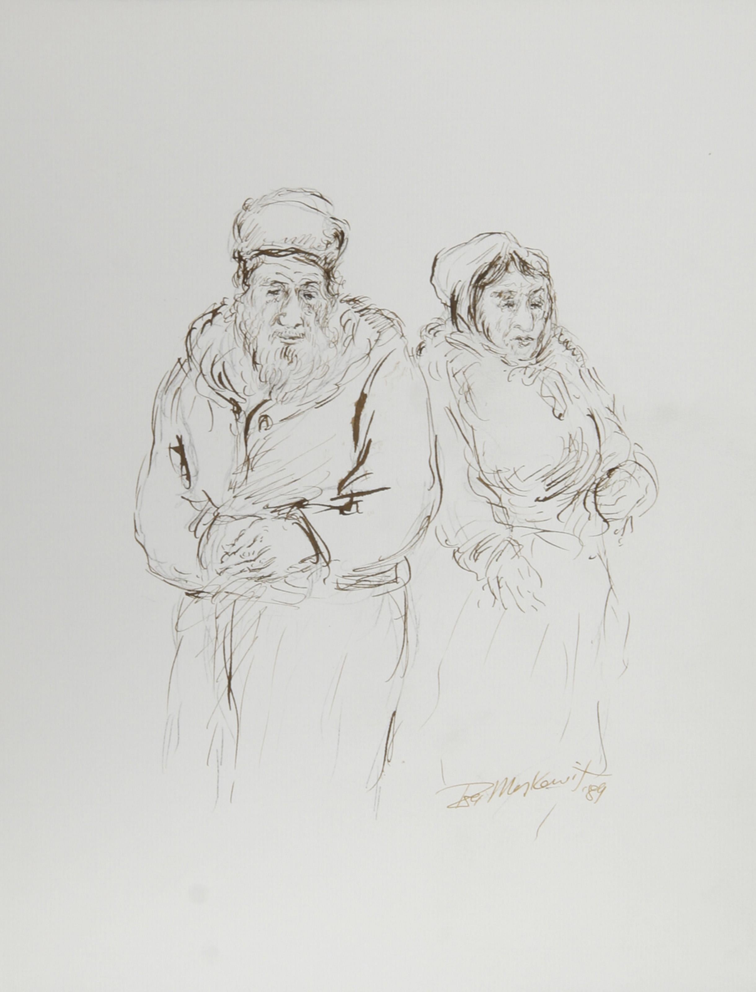 Ira Moskowitz, polacco/americano (1912-2001) -  Coppia - IV, Anno: 1989, Medium: Inchiostro su carta, firmato, Dimensioni: 13 in. x 10 in. (33,02 cm x 25,4 cm), Descrizione: Indossando abiti tradizionali, la coppia in questo disegno di Ira Moskowitz