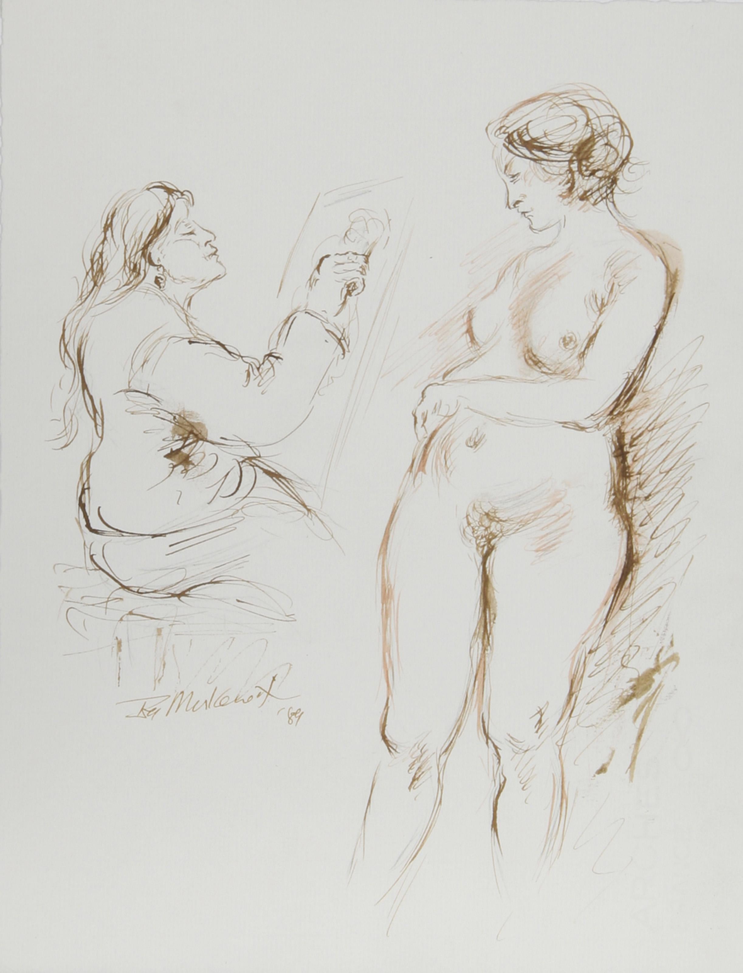Ira Moskowitz, polacco/americano (1912-2001) -  Artista e modella nuda - I, Anno: 1989, Medium: Inchiostro su carta, firmato, Dimensioni: 13 in. x 10 in. (33.02 cm x 25.4 cm), Descrizione: Piegata all'indietro con la mano appoggiata sul ventre, la