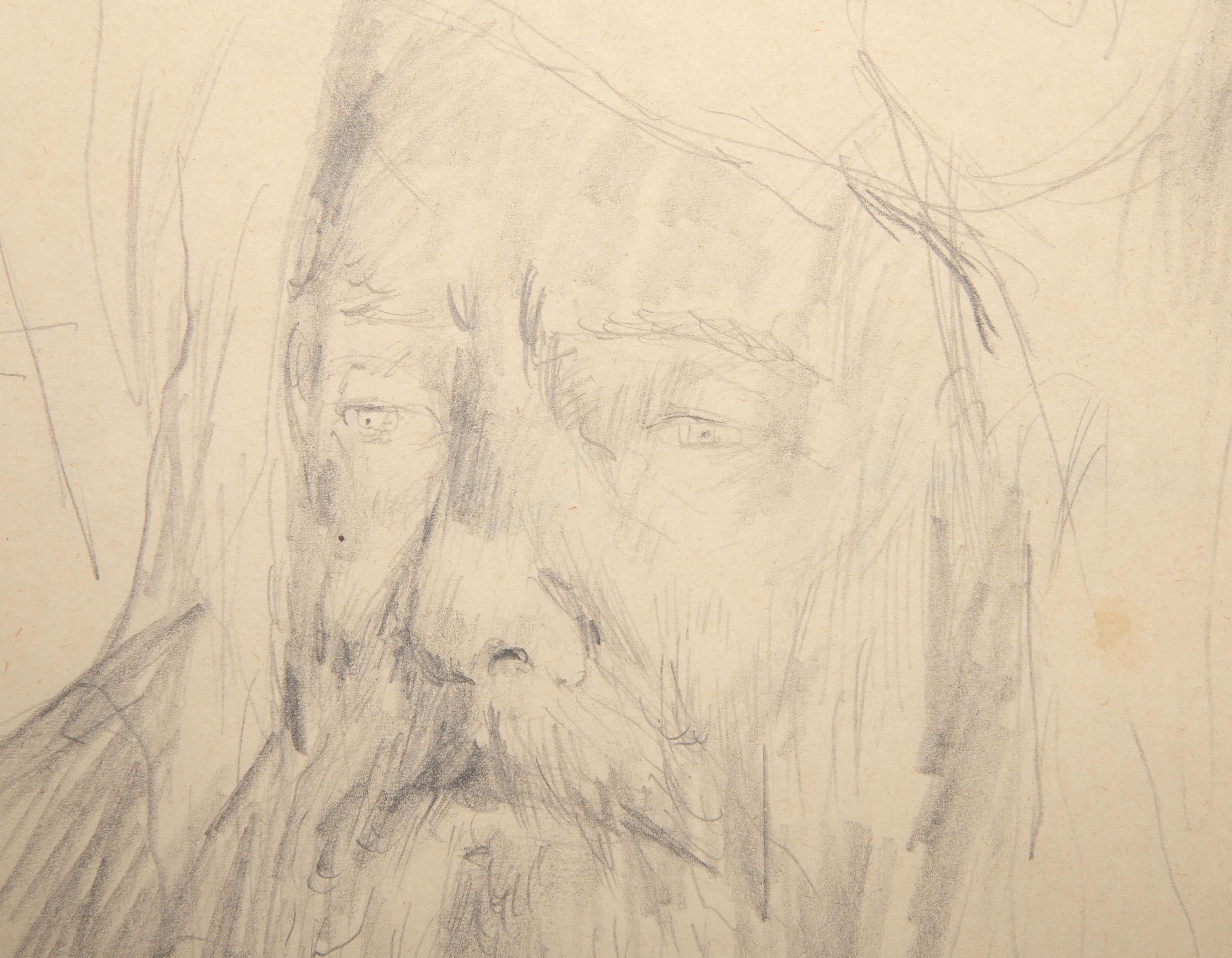 Ritratto di uomo barbuto, grafite impressionista su carta di Hal Frater in vendita 1