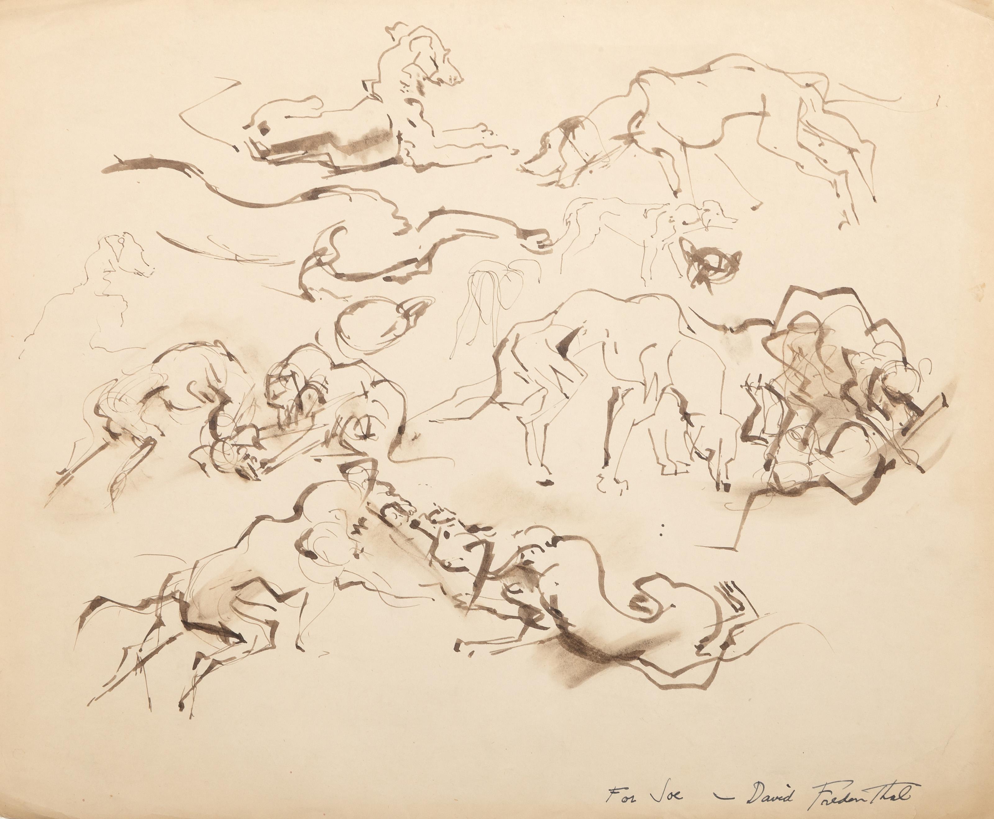 David Fredenthal, estadounidense (1914 - 1958).  Perro en movimiento, Año: hacia 1940, Técnica: Acuarela sobre papel, firmada y dedicada abajo a la derecha, Tamaño: 35,56 x 42,55 cm (14 x 16,75 pulg.) 