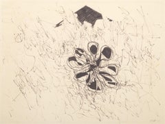 Fiore in un campo, pennarello moderno su carta di un artista sconosciuto