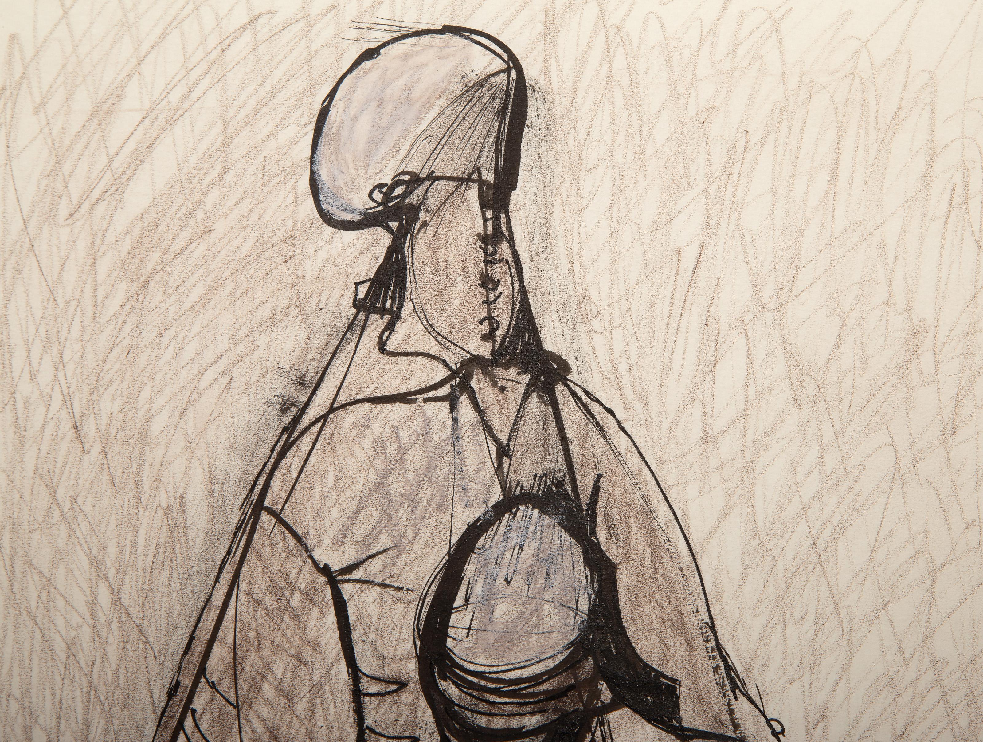 Artista sconosciuto -  Abbraccio, Medium: Matita colorata, inchiostro e acrilico su carta, firmato a penna in basso a sinistra, Dimensioni immagine: 15 x 11 pollici, Dimensioni: 16,75 x 14 pollici (42,55 x 35,56 cm) 