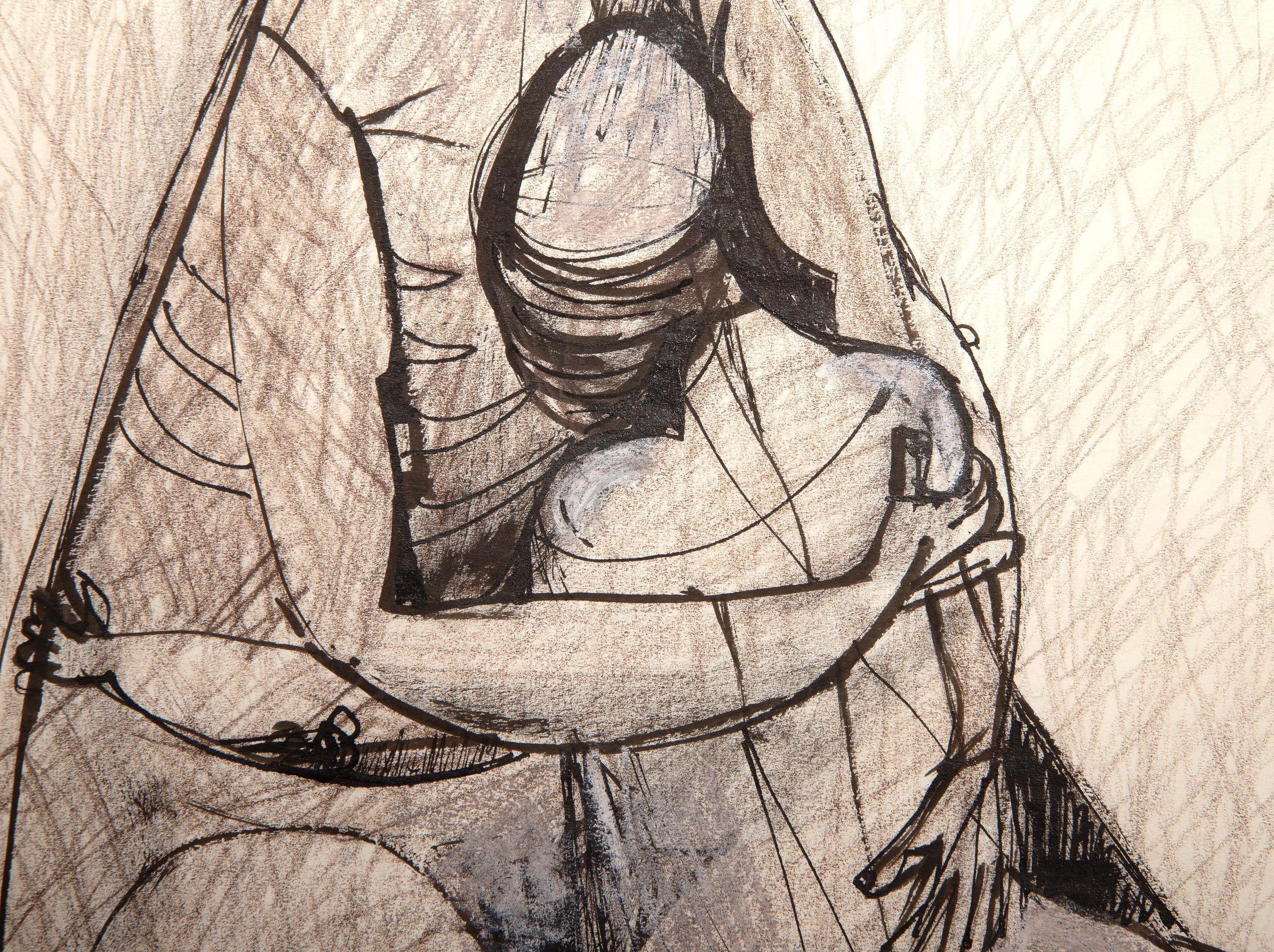 Abbraccio, matita colorata moderna, inchiostro e acrilico su carta di Artista sconosciuto - Nude Bianco di Unknown