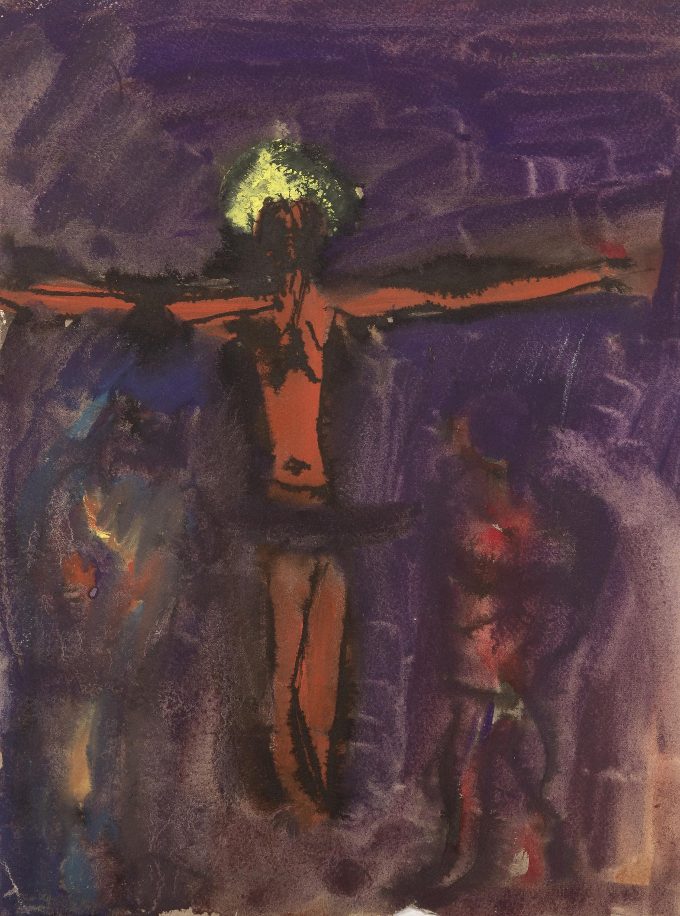 P Spore -  Crucifixion, Year: 1953, Medium: Gouache on Paper, signed and dated in pen top right, Size: 10.5 x 7.75 in. (26.67 x 19.69 cm) 
