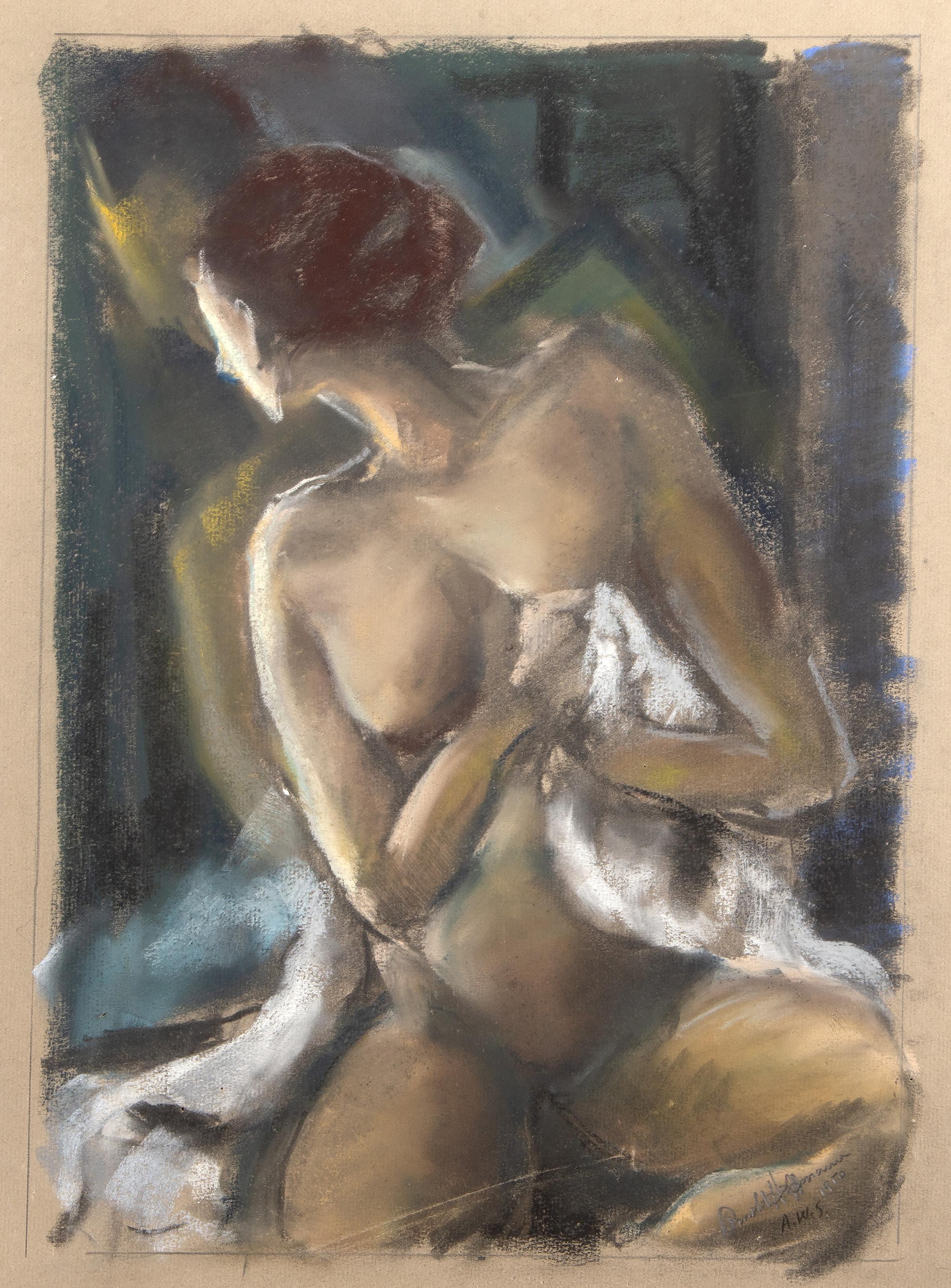 Arnold Hoffmann, Sr., Russo (1886 - 1966) -  Donna nuda con lenzuola, Anno: 1950, Medium: Pastello su carta vergata, firmato e datato a matita in basso a destra, Dimensioni immagine: 15,5 x 11 pollici, Dimensioni: 19,25 x 16 pollici (48,9 x 40,64