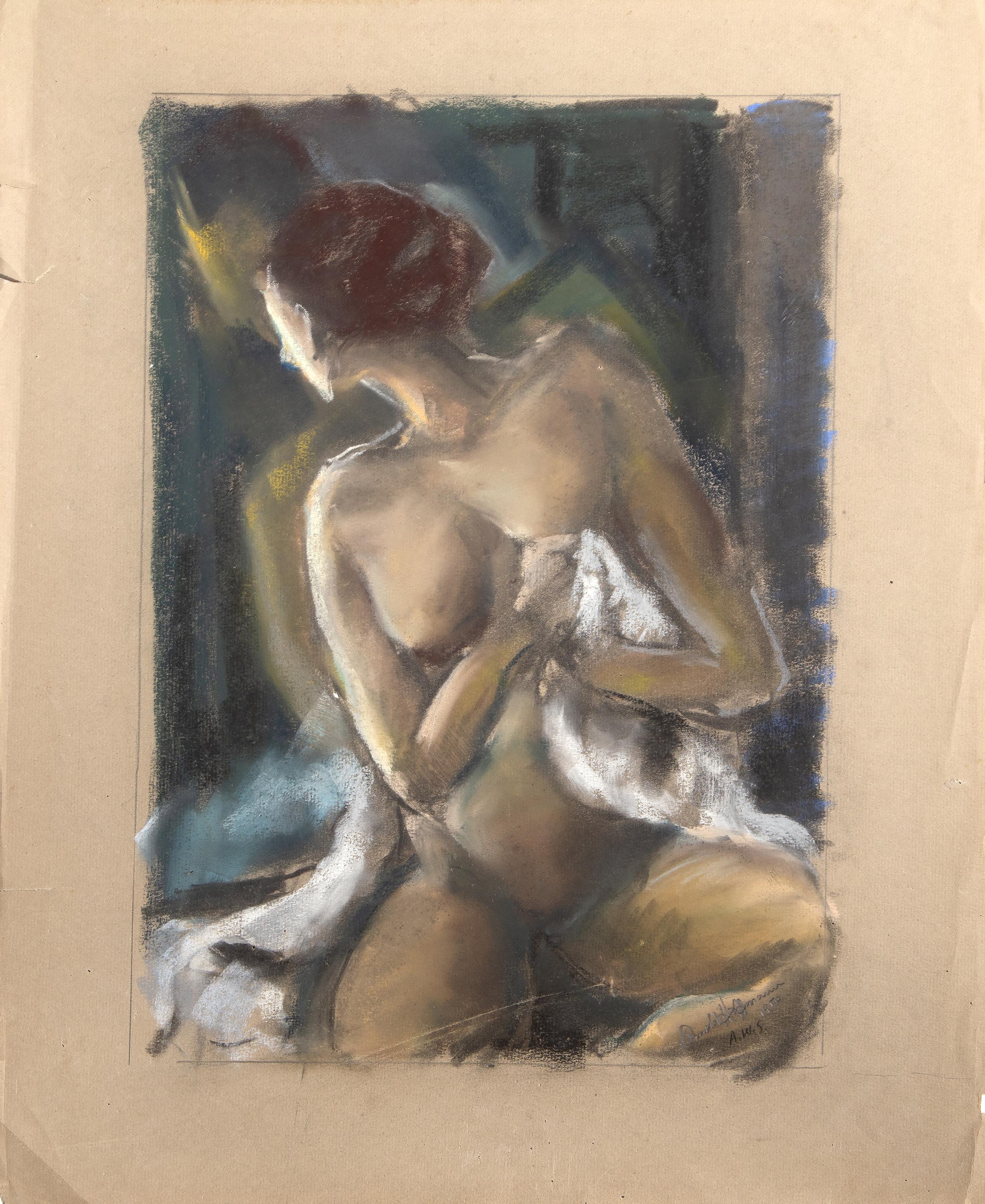 Donna nuda con lenzuola, pastello moderno su carta vergata di Arnold Hoffmann, Sr. in vendita 1