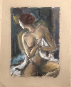 Nude Woman with Bed Sheet, Modern Pastel on Laid paper by Arnold Hoffmann, Sr.