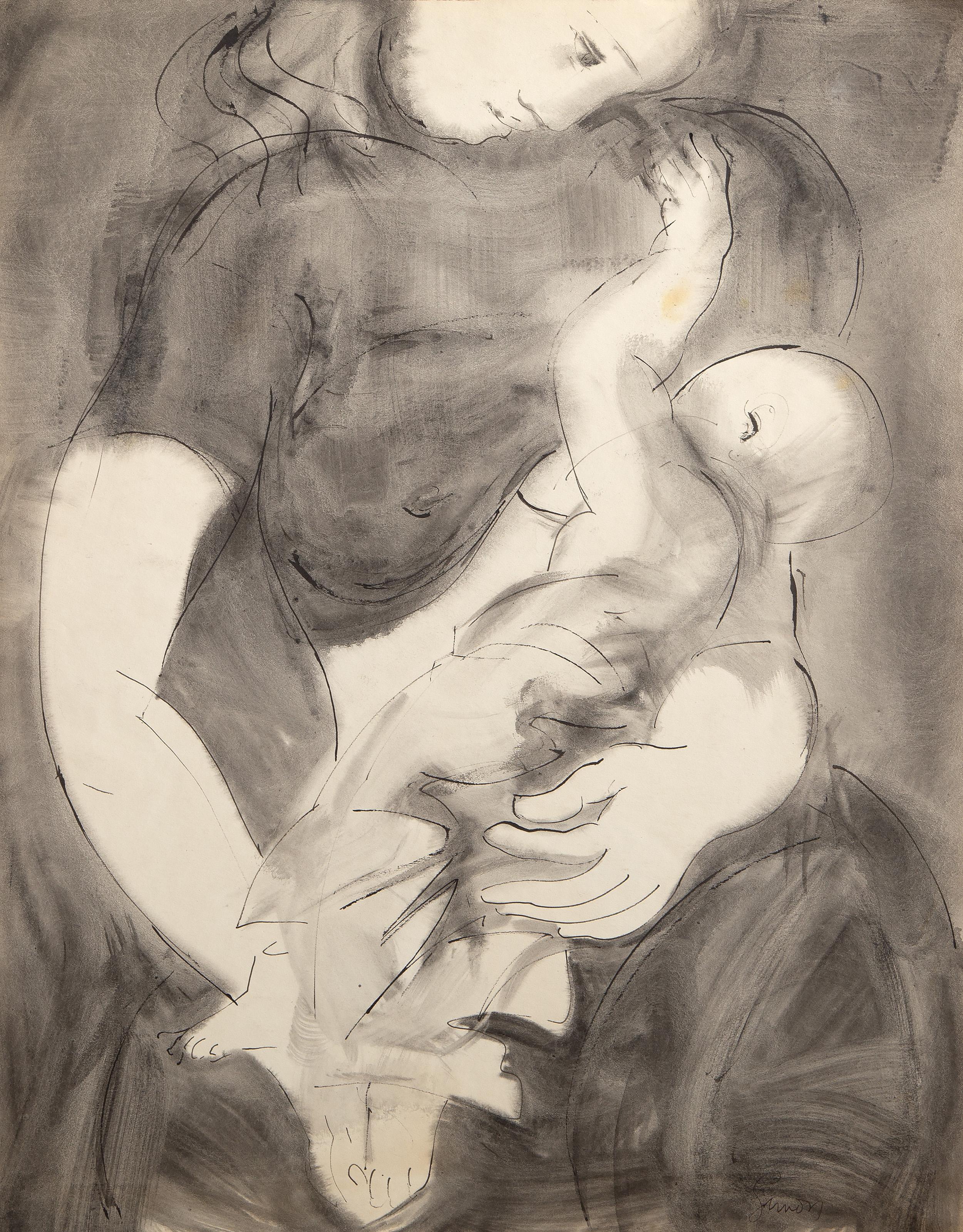 Mother & Child, Modern Gouache and Graphite on Paper by Sidney Simon