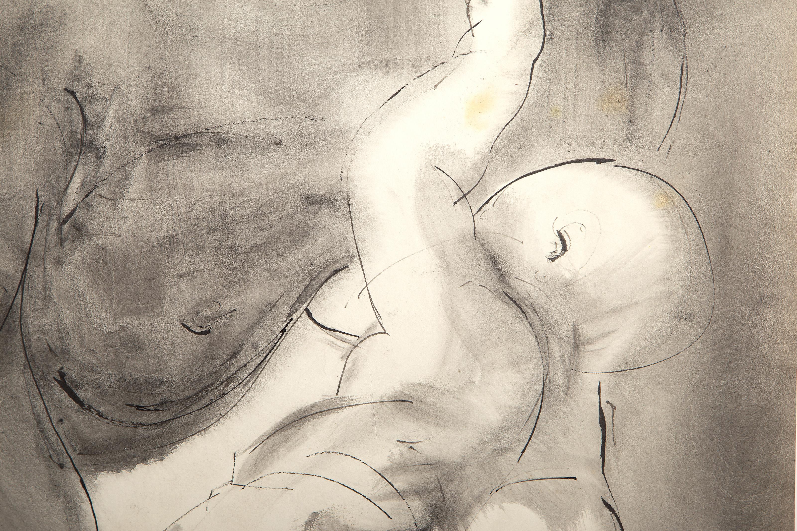 Mère et enfant, gouache et graphite moderne sur papier de Sidney Simon en vente 1