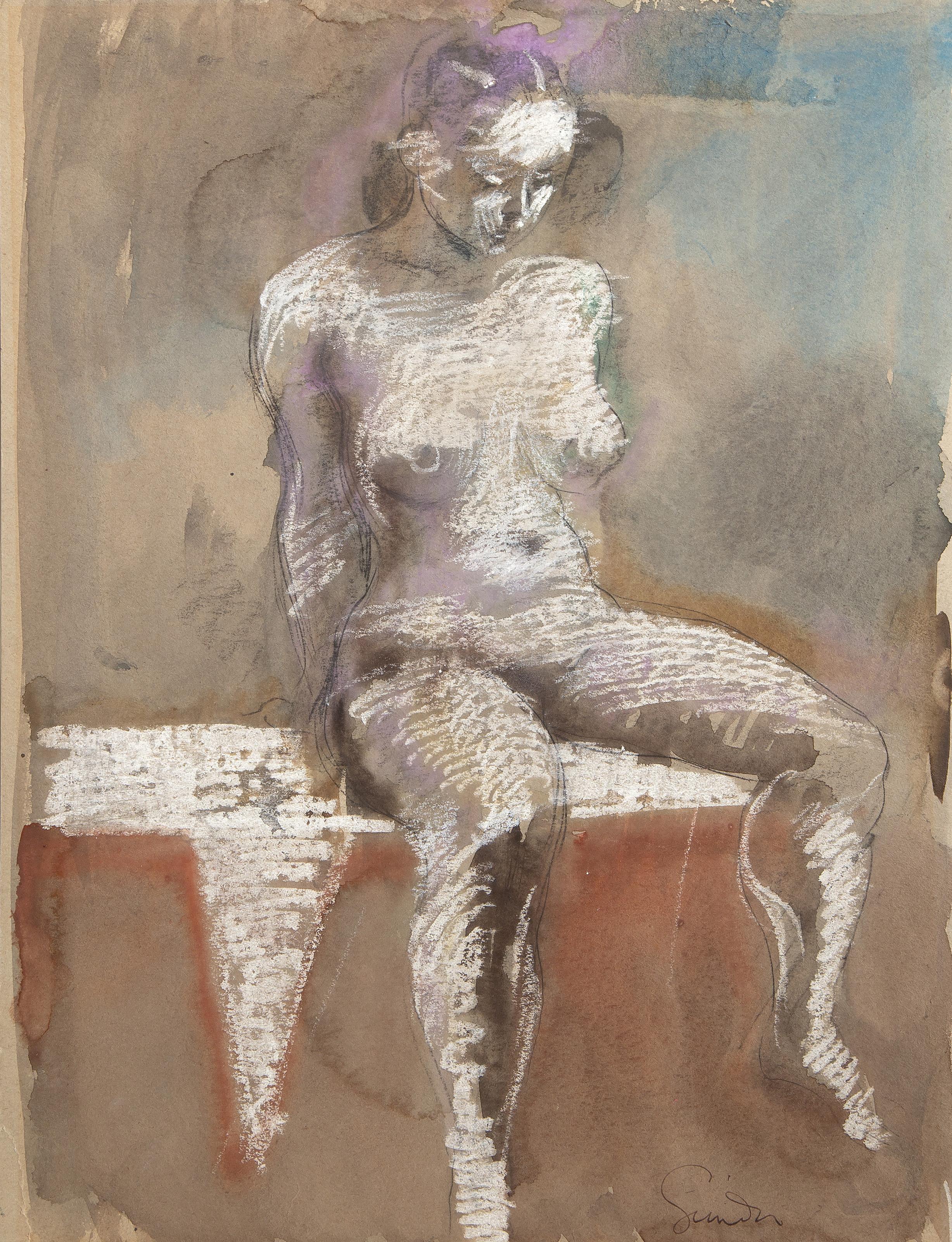  Sidney Simon, American (1917 - 1997) -  Nude Woman, Year: circa 1960, Medium: Watercolor, Graphite and Charcoal on Paper, signed lower right, Size: 15 x 11.25 in. (38.1 x 28.58 cm) 