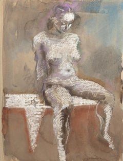 Donna nuda, acquerello moderno, grafite e carboncino su carta di Sidney Simon