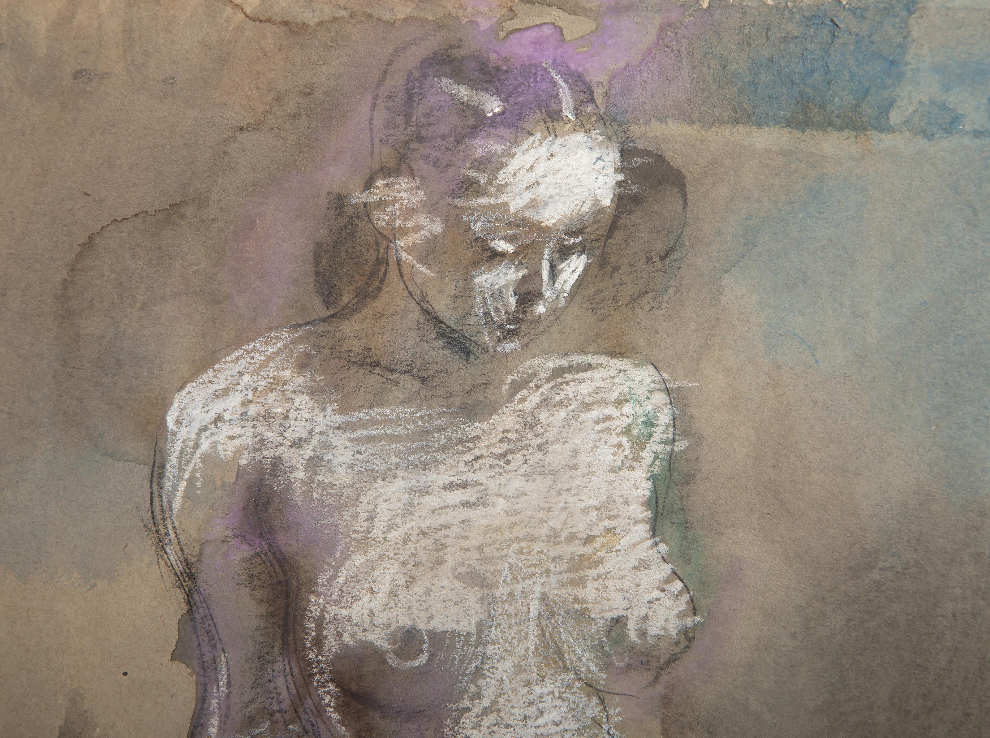 Nude Woman, Modern Watercolor, Graphite and Charcoal on Paper by Sidney Simon For Sale 1