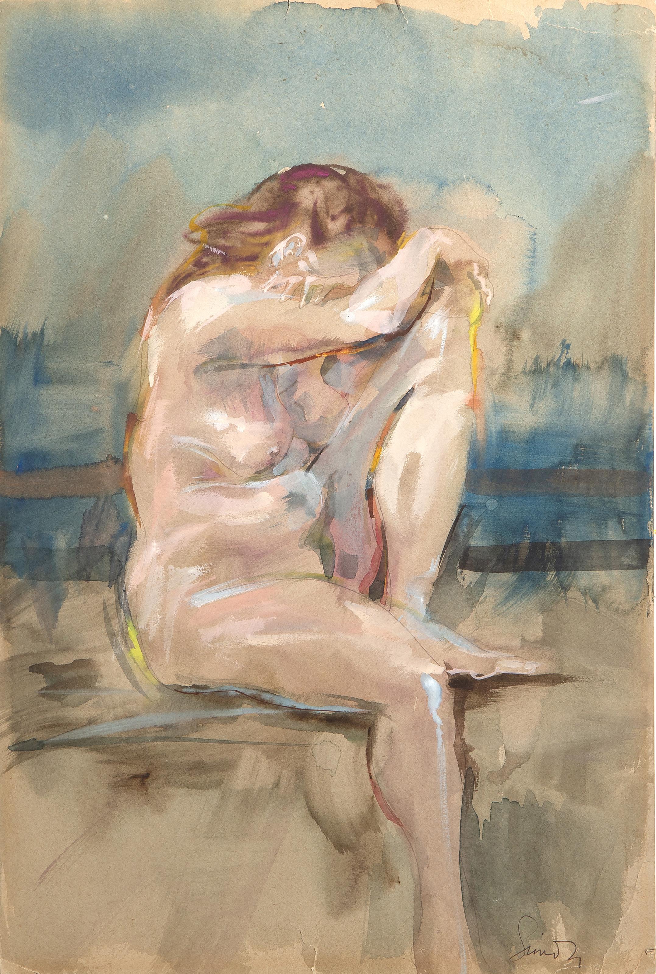 Woman Resting, Modern Watercolor, Acrylic and Graphite on Paper by Sidney Simon