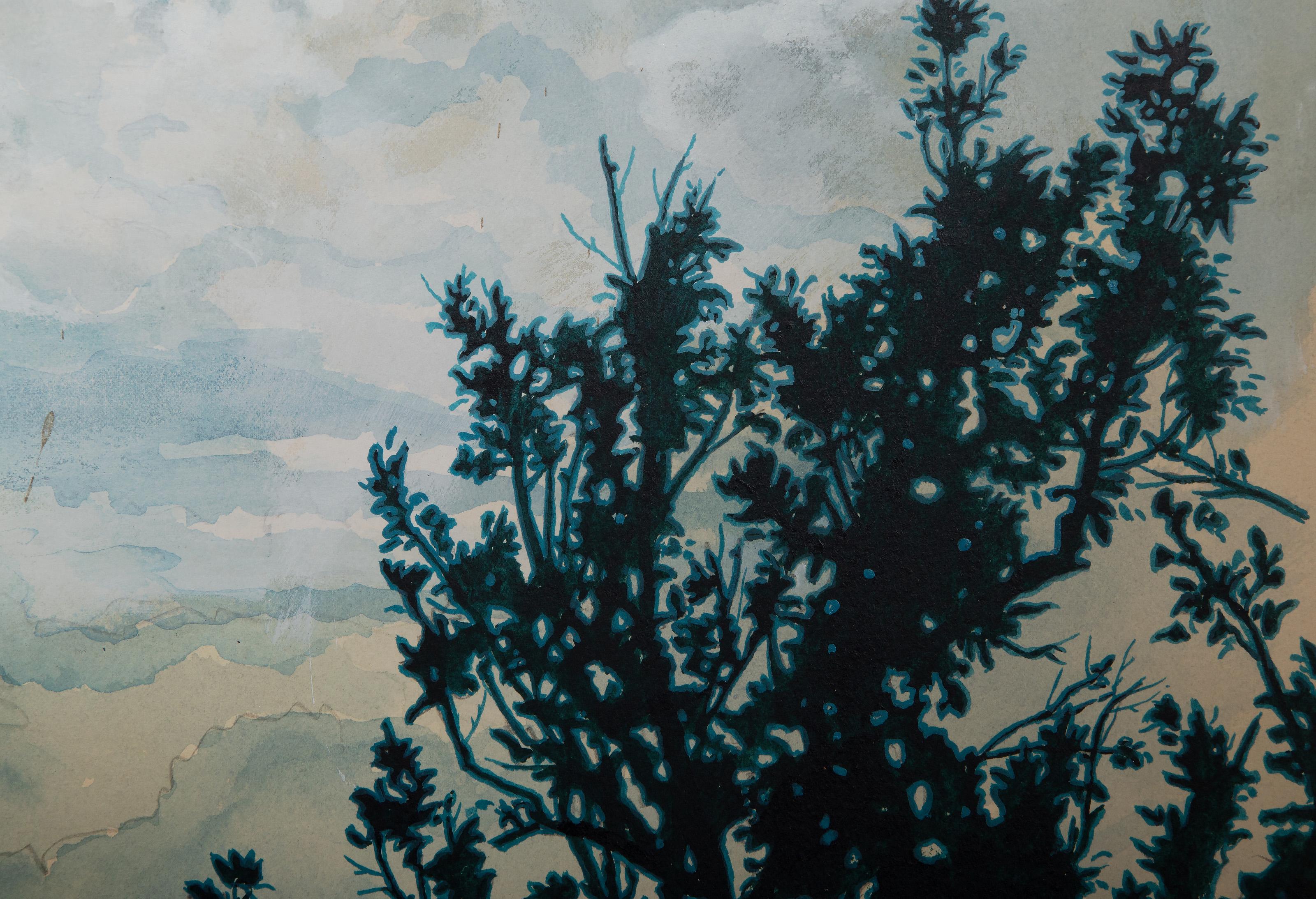 Paisaje tropical, gouache impresionista y grafito sobre papel de Ian Hornak en venta 1
