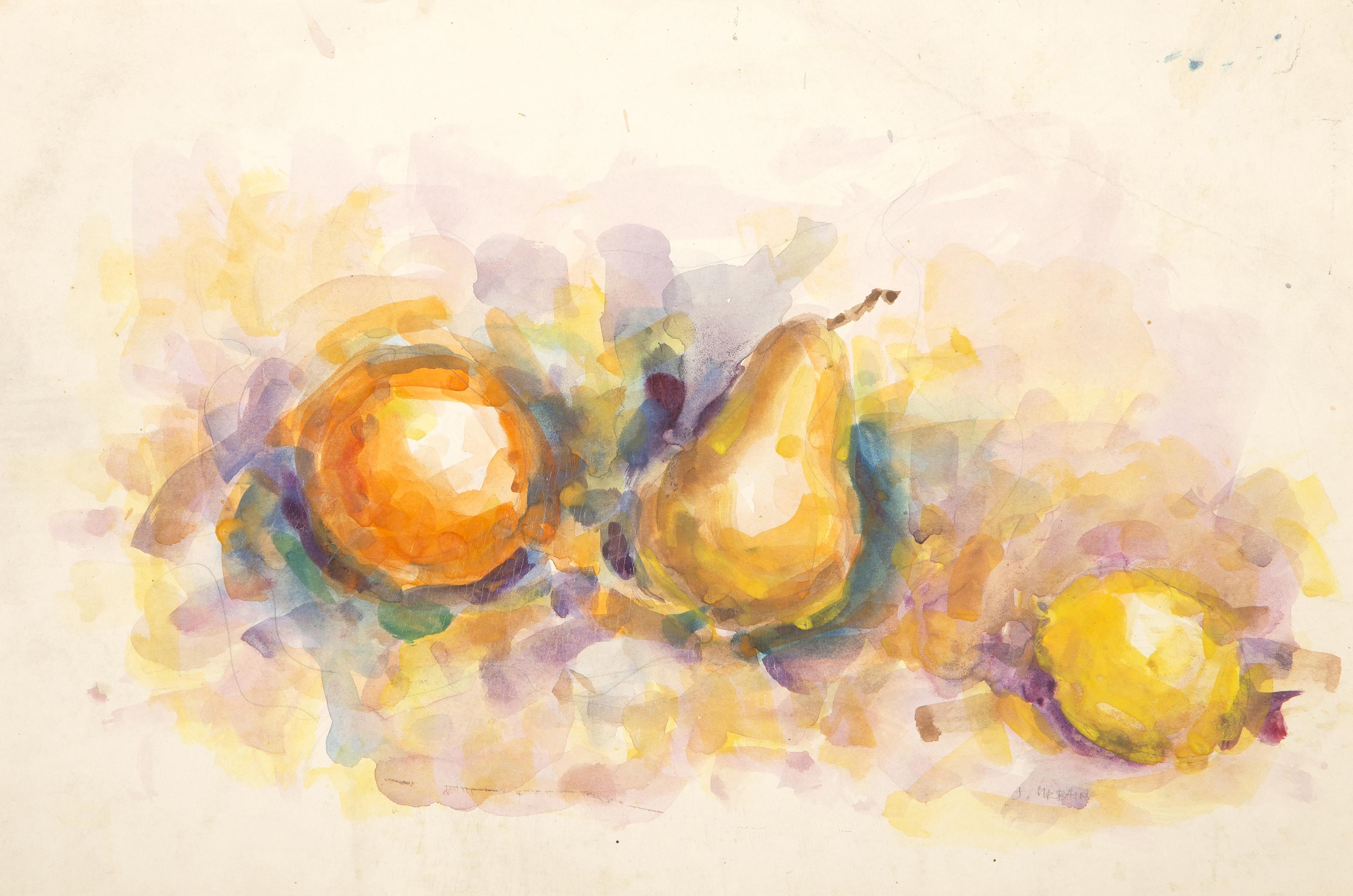John Urbain Still-Life – Impressionistisches Aquarell und Graphit auf Papier in Orange, Birne und Zitronen