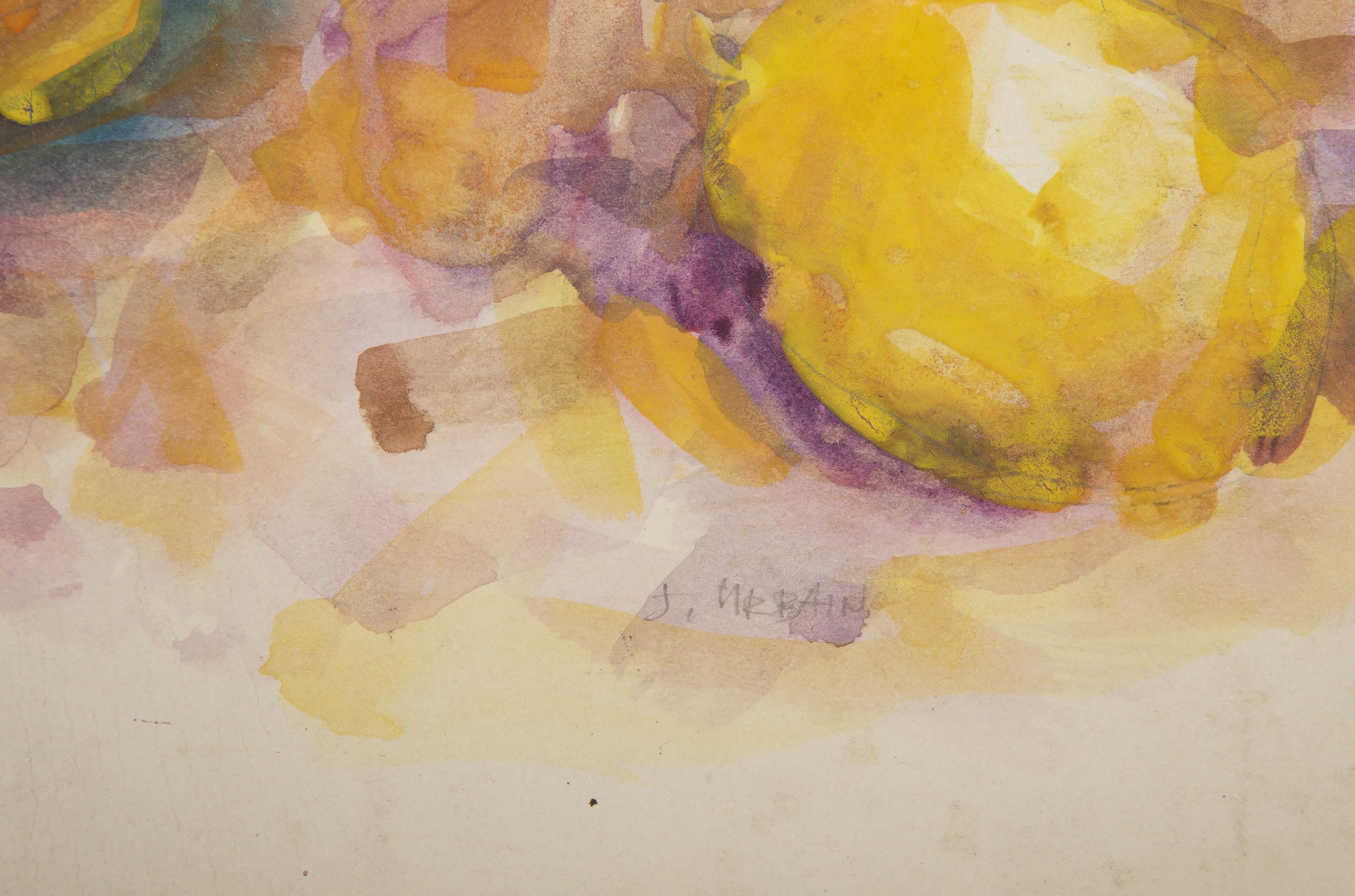 Impressionistisches Aquarell und Graphit auf Papier in Orange, Birne und Zitronen (Impressionismus), Art, von John Urbain