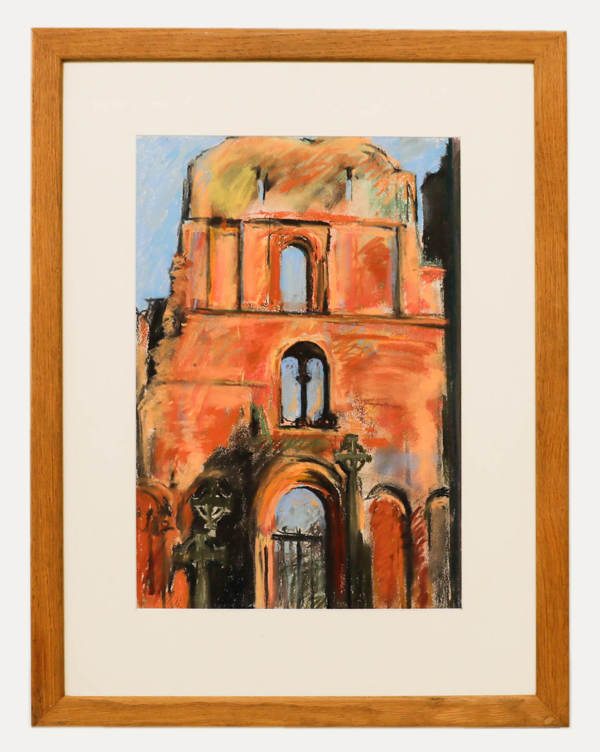 Landscape Art de Unknown - Peter Podmore (n.1942) - Pastel contemporáneo enmarcado, Priorato de Lindisfarne