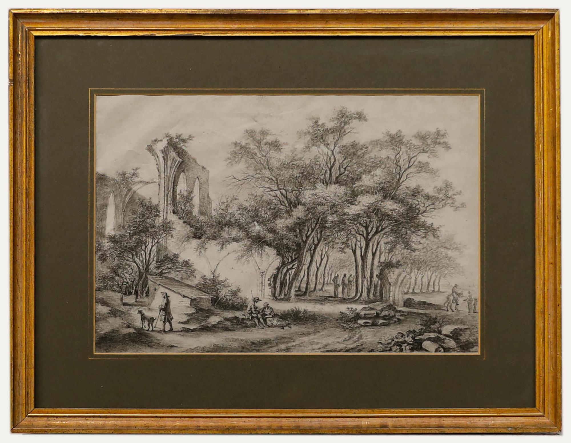 Aquarelle du 19ème siècle - Paysage en bois avec ruines d'abbaye