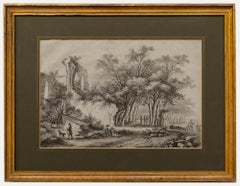 Aquarelle du 19ème siècle - Paysage en bois avec ruines d'abbaye