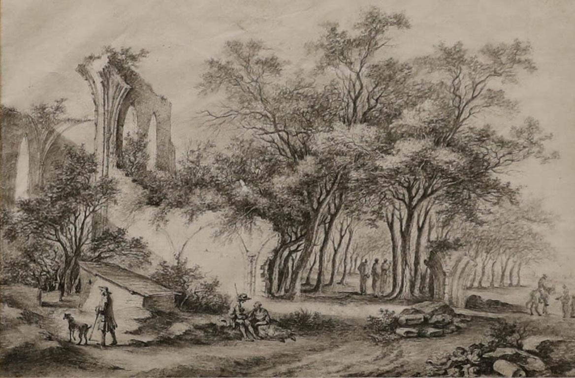 Aquarelle du 19ème siècle - Paysage en bois avec ruines d'abbaye - Art de Unknown