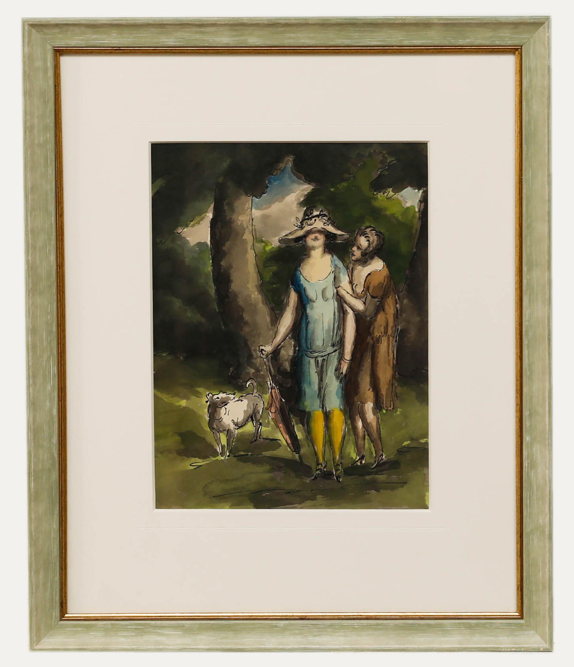A vibrant and characterful watercolour illustration by Harold Hope Read (1881-1959). Well presented in a complementing green and gilt frame. Unsigned. On laid.