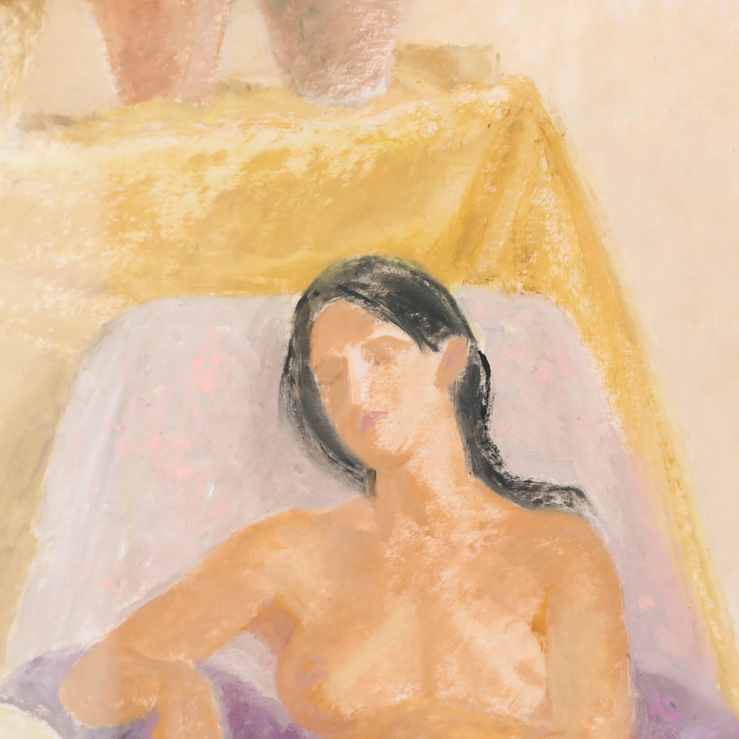 Janet A. Freeman - Pastel du 20e siècle encadré, nu sur tissu mauve - Marron Nude par Unknown
