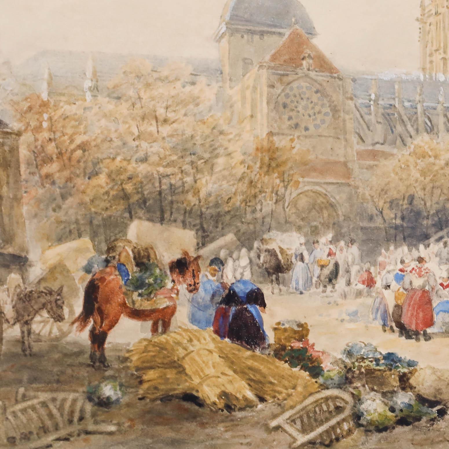 Frederick Nash (1782-1856) - Acquerello del 1856, La piazza del mercato, Dieppe in vendita 2