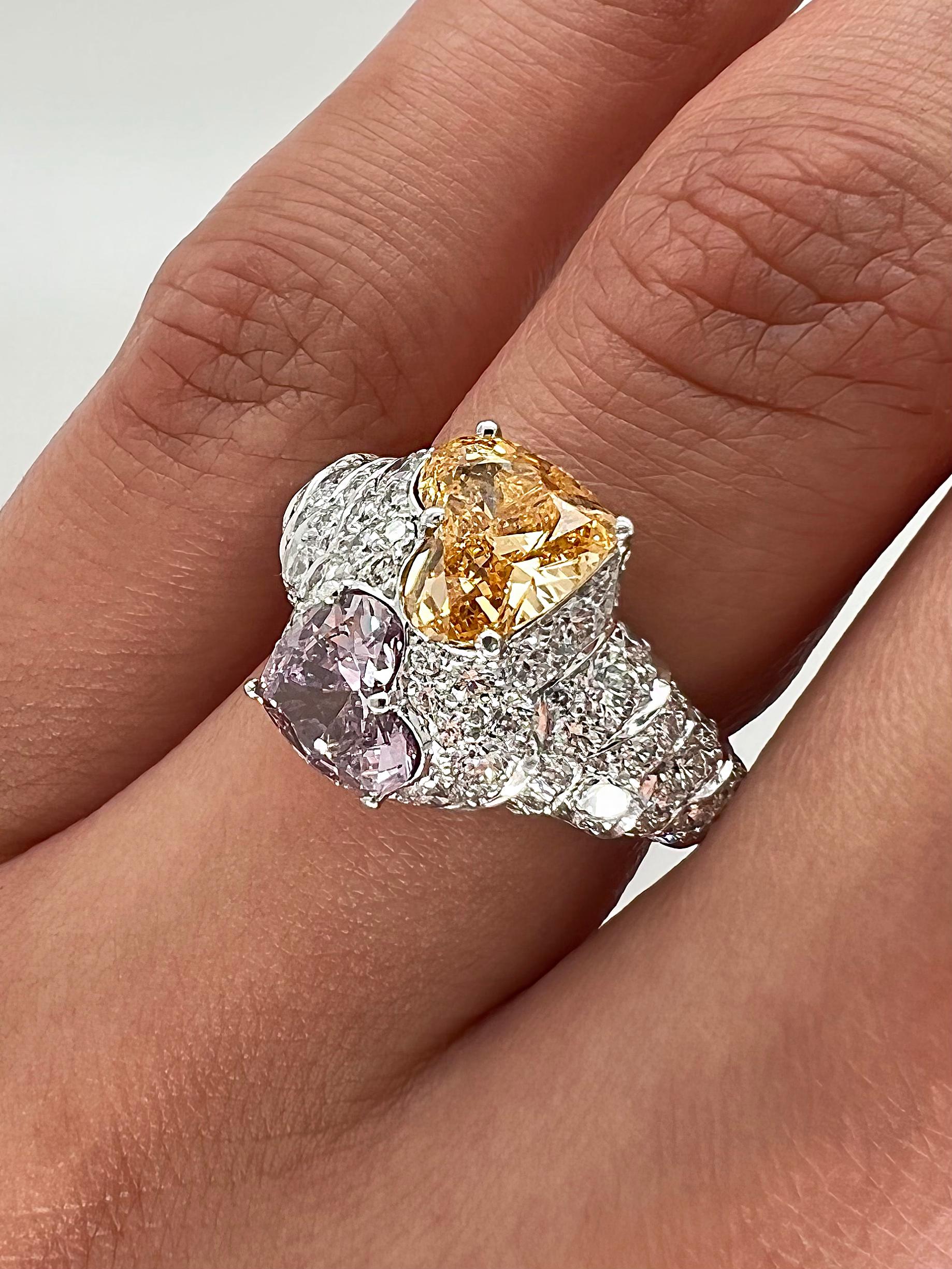 Heart Cut 3.20 Total Carat Fancy Purple & Yellow Diamond Ladies Engagement Ring GIA