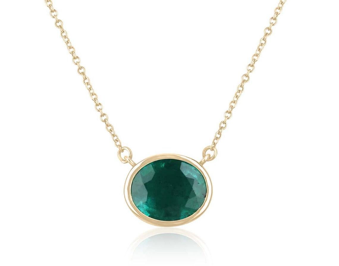 3.20ct 14K Oval Cut Emerald Bezel Set Pendant Necklace East to West May For Sale
