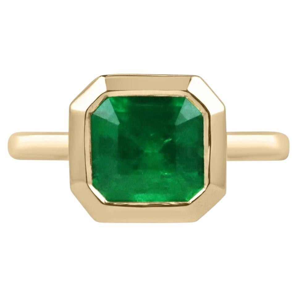 3.20ct 18K AAA+ Fine Quality Asscher Cut Colombian Emerald Solitaire Bezel Ring For Sale