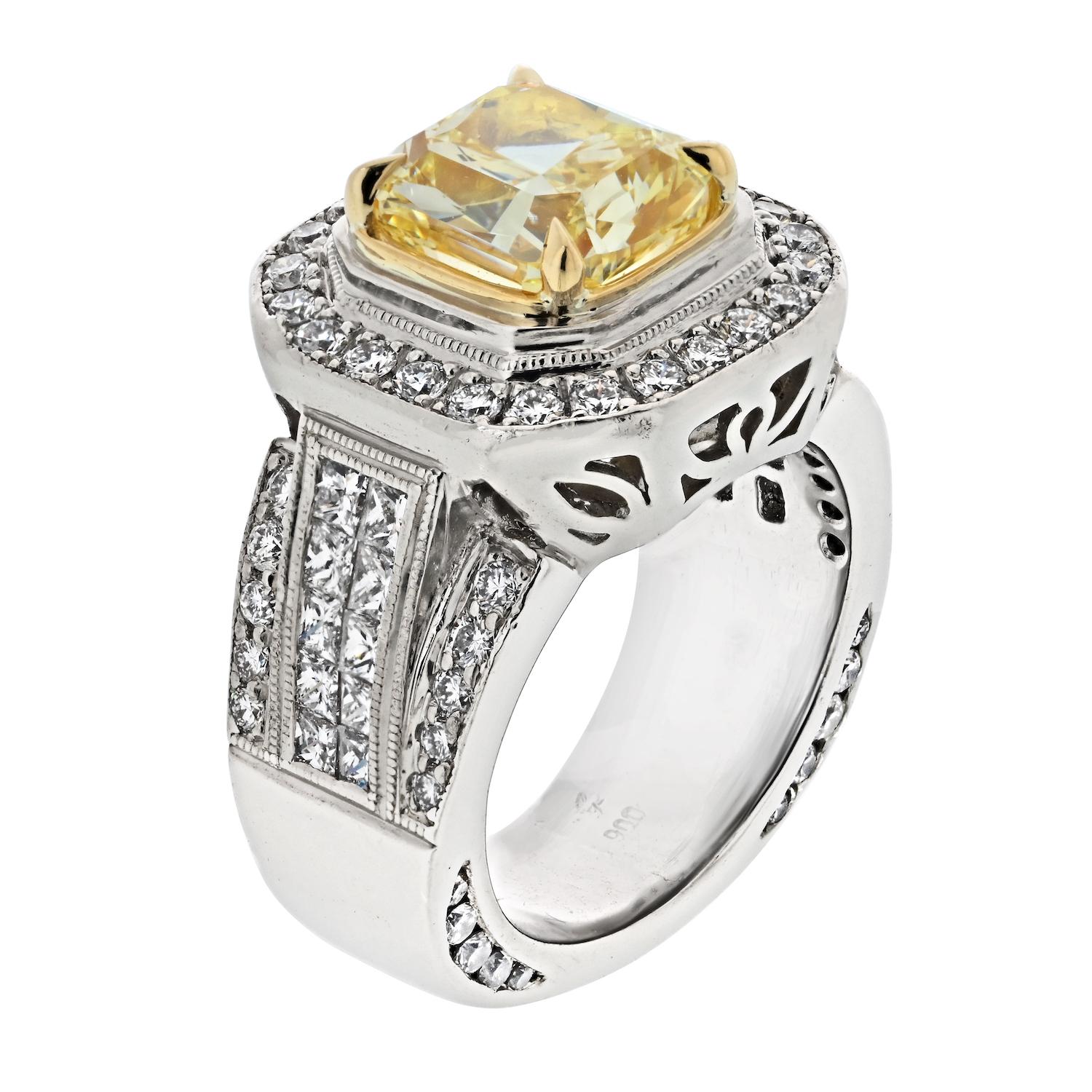 Modern 3.20ct Fancy Yellow Intense Cushion Cut Diamond Engagement Ring For Sale
