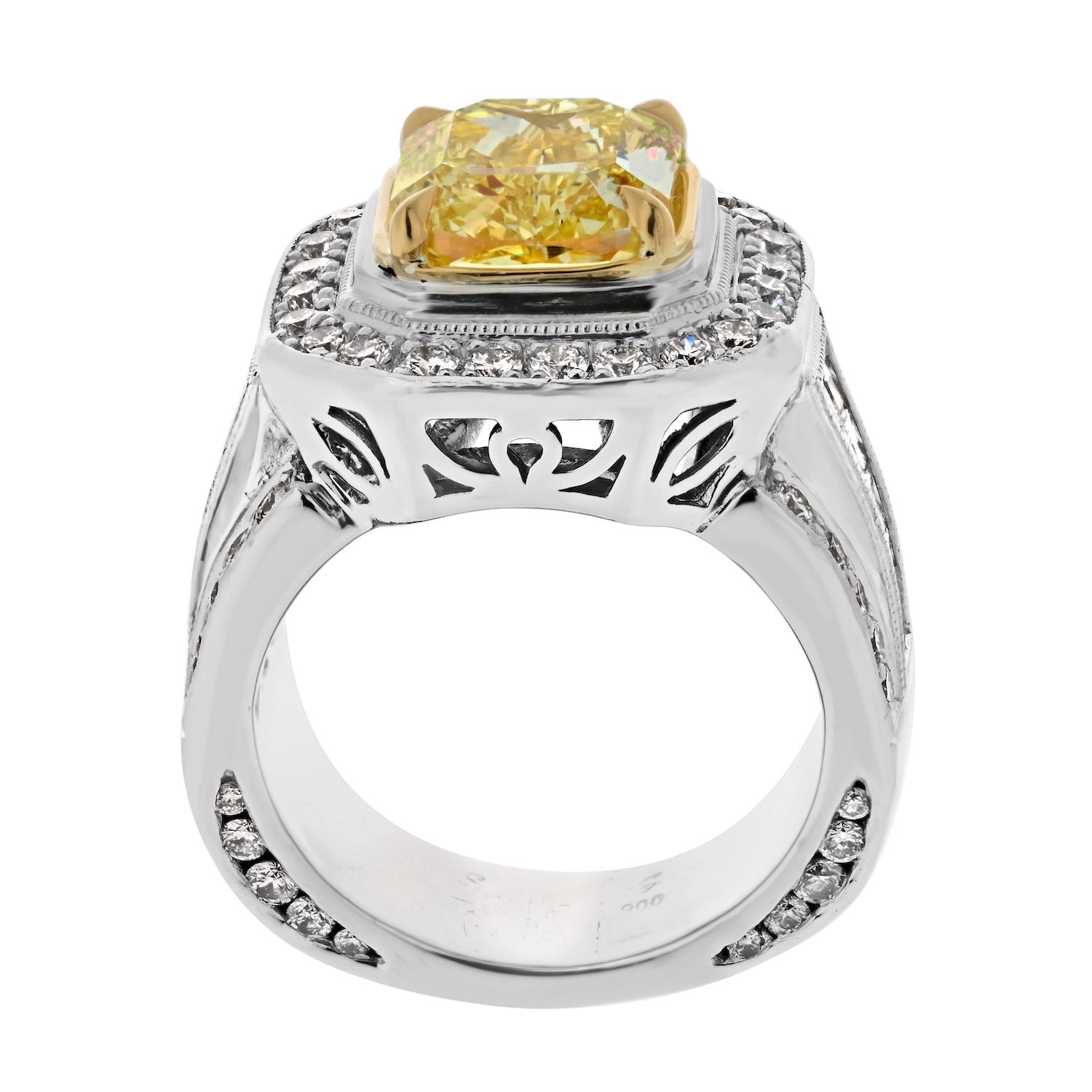 Women's 3.20ct Fancy Yellow Intense Cushion Cut Diamond Engagement Ring For Sale