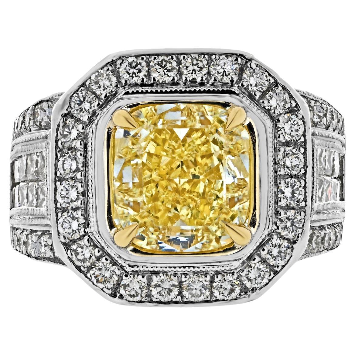 3.20ct Fancy Yellow Intense Cushion Cut Diamond Engagement Ring For Sale