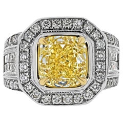 Used 3.20ct Fancy Yellow Intense Cushion Cut Diamond Engagement Ring