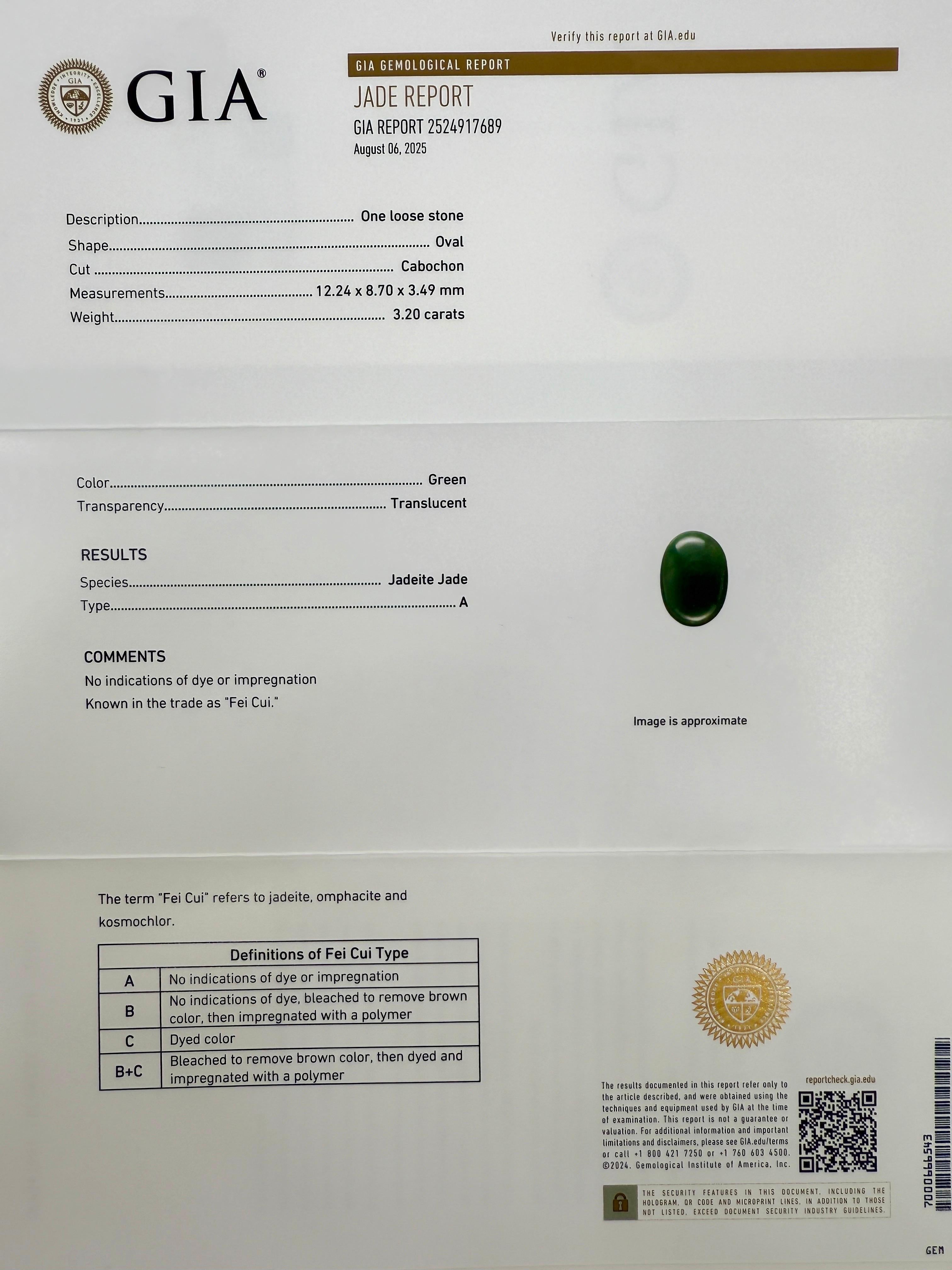 Bague chevalière ovale en or jaune 9k certifiée GIA de grade A en jadéite verte profonde.

Magnifique jade vert non traité de 3,20 carats serti dans une bague de signet en or jaune 9 carats à chaton en forme de rubover.

Ce jade présente une